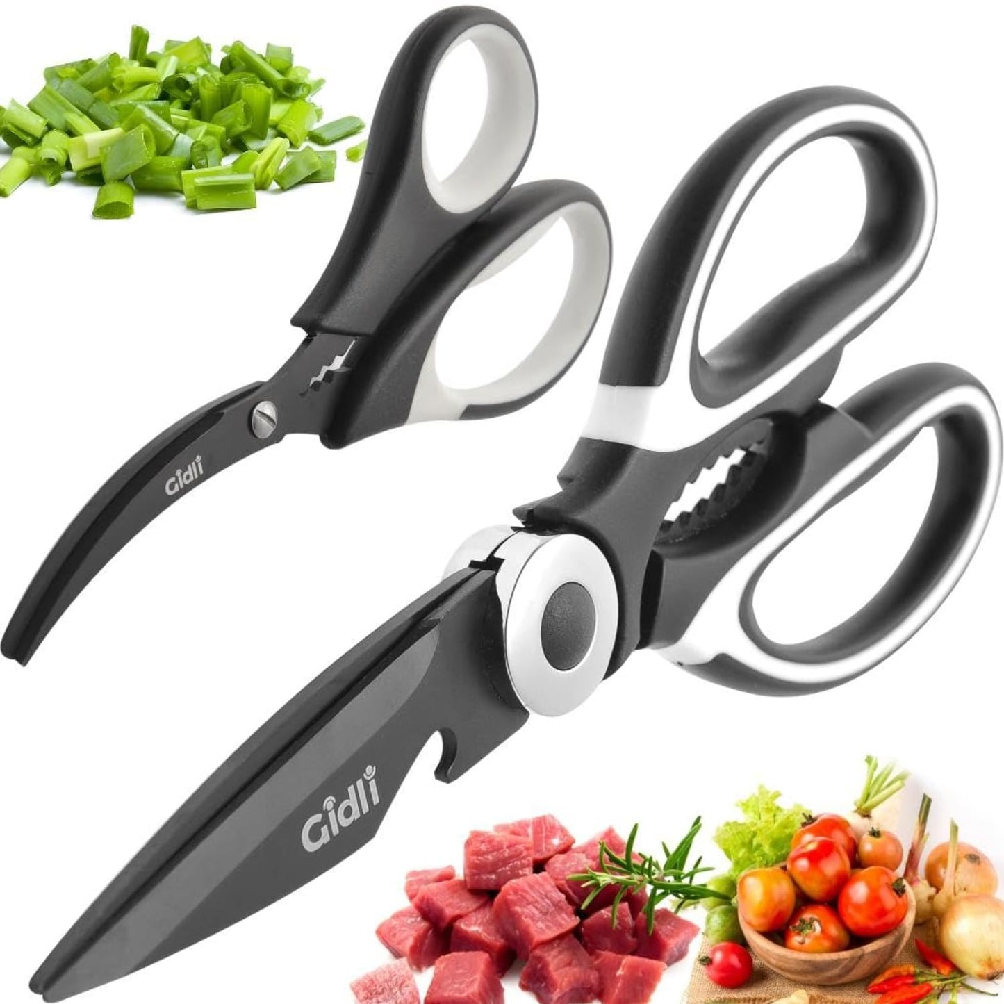 Titanium Coated Kitchen Scissors 2-Piece Set by Gidli - Liftime Replacement Warranty* - Heavy Duty Kitchen Shears for Meat and Food Prep - Includes Bonus 7" Seafood Scissors with Ergonomic Grip