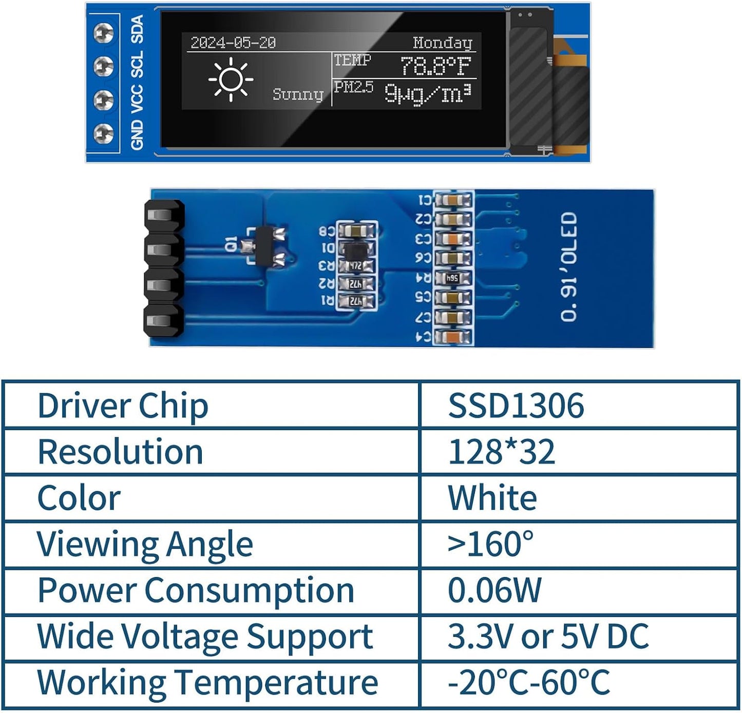 MakerFocus 5pcs 0.91 Inch I2C 128 32 SSD1306 Pi/ESP32 IIC OLED Display Module x Pixel Driver Self-Luminous Display