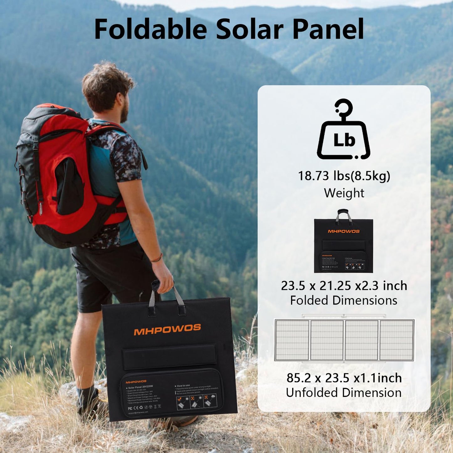 Portable Solar Panel 220W 40V Monocrystalline Foldable Solar Panels Charger Power Backup, IP67 Waterproof Durable for Power Station RV Camping Off Grid Fishing