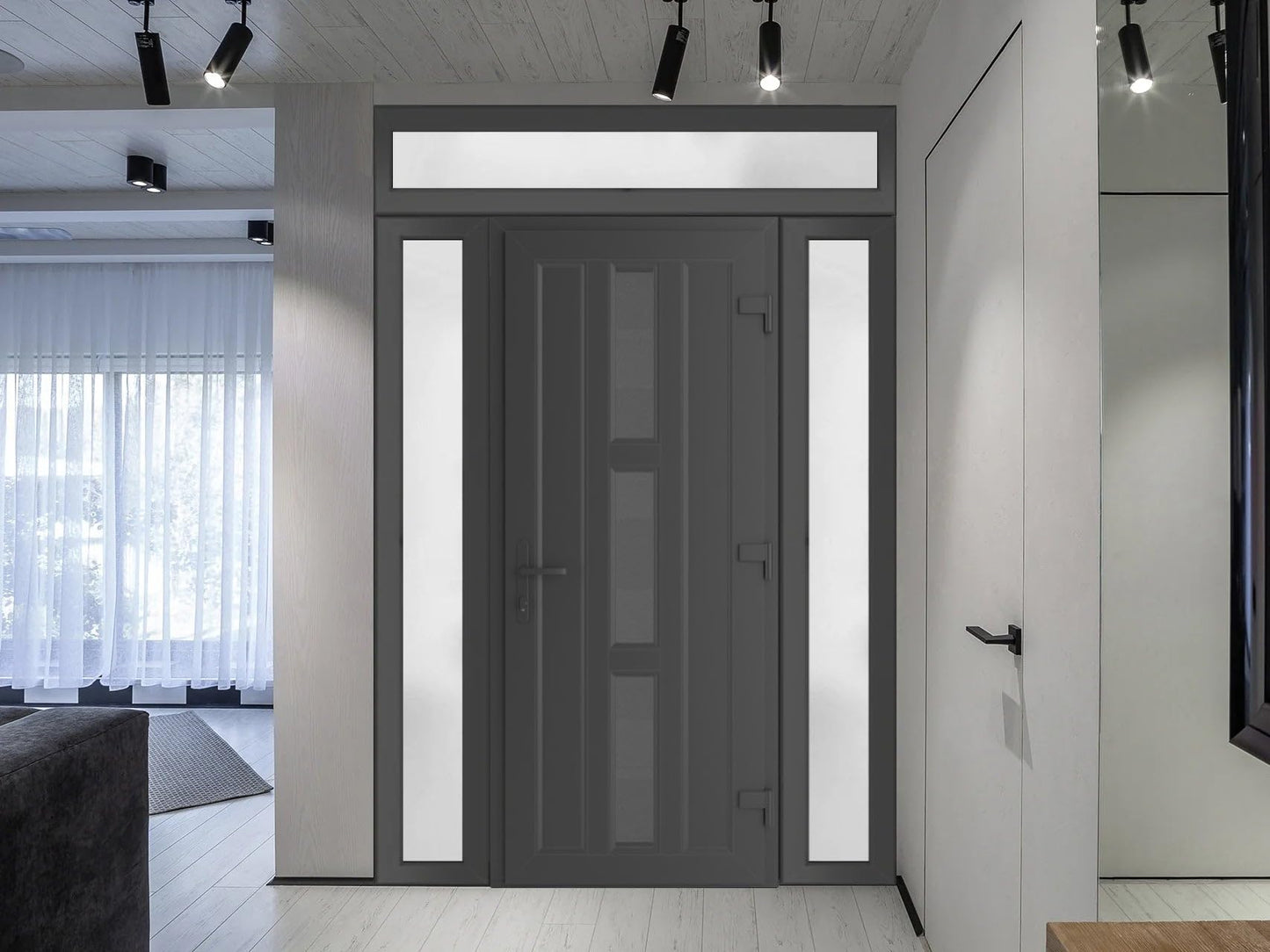 VDOMDOORS Front Exterior Prehung Metal-Plastic Door Frosted Glass | Manux 8112 Antracite Grey | 2 Side, Top Sidelite Transom | Doors Entrance Patio Garage 60 x 94 (W12+36+12 x H80+14) Left-Inswing
