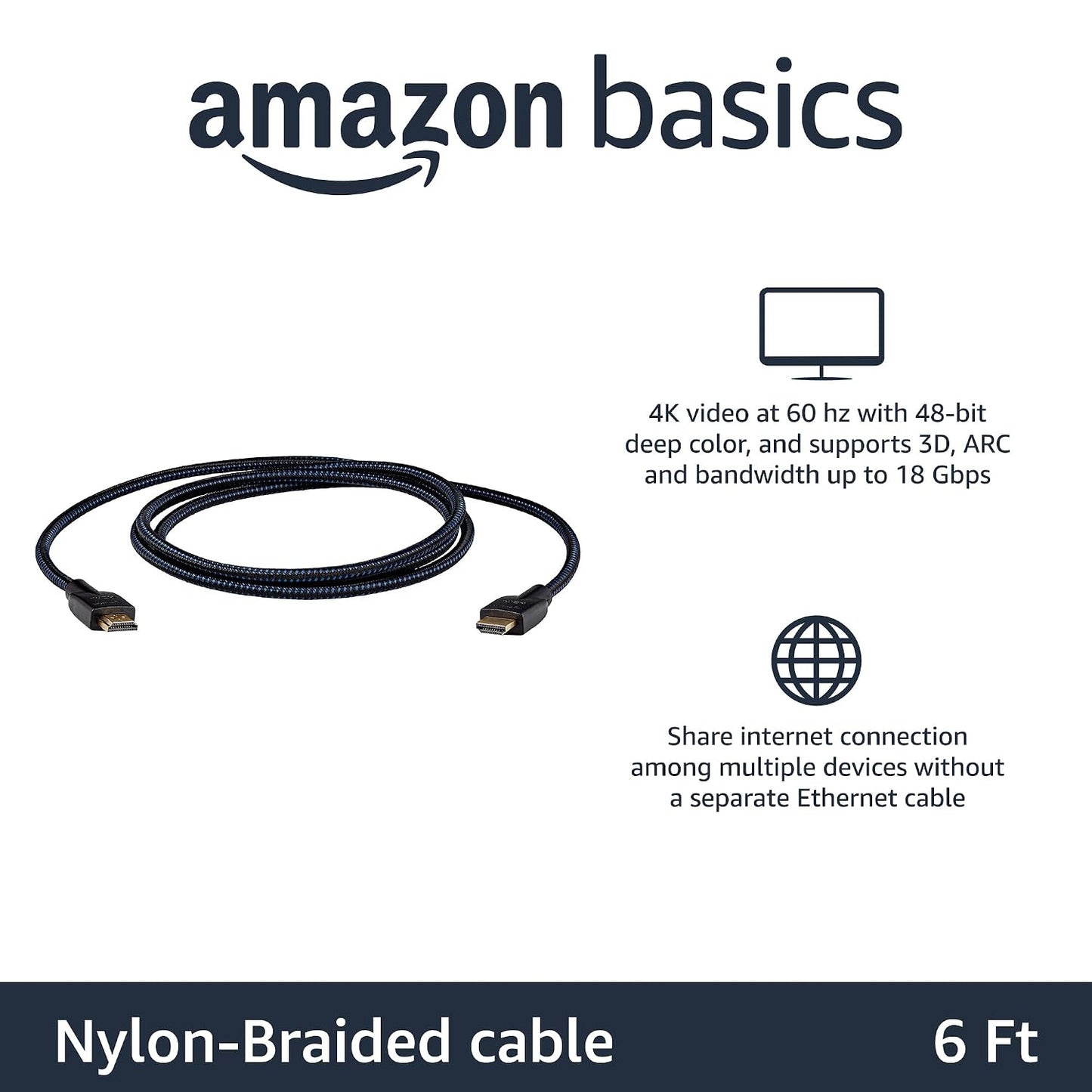 2.0 6ft, 4K@60Hz, 18Gbps, 2160p, 48 TV/PS5/Xbox/Roku/Blu-ray, 5-Pack Amazon Basics Nylon-Braided HDMI Cable, bit