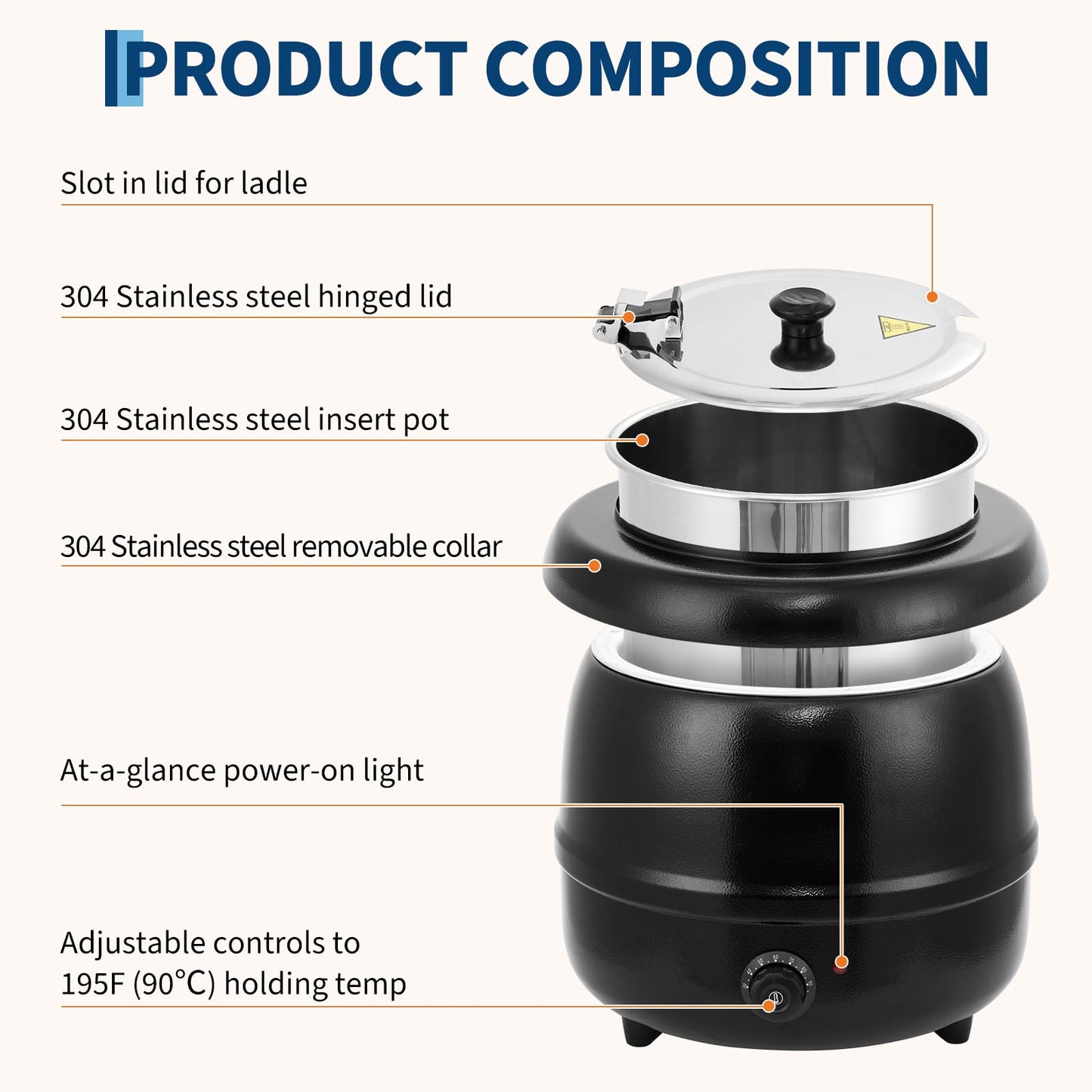 13.7 Quarts Commercial Soup Kettle, Large Capacity Soup Warmer with Stainless Steel Removable Insert Pot, Hinged Lid & Stable Base, Automatic Food Warmer for Buffet, Party, Catering, Restaurant