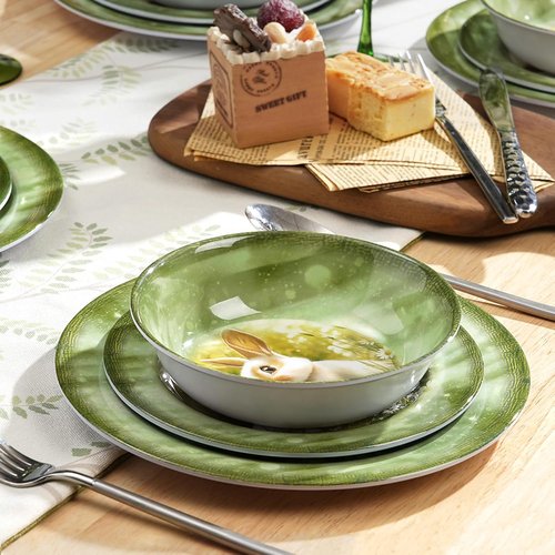 Green Bunny 12-Piece Melamine Dinnerware Set - Lightweight, Shatterproof Plates & Bowls for 4 | Ideal for Picnics & Outdoor Parties