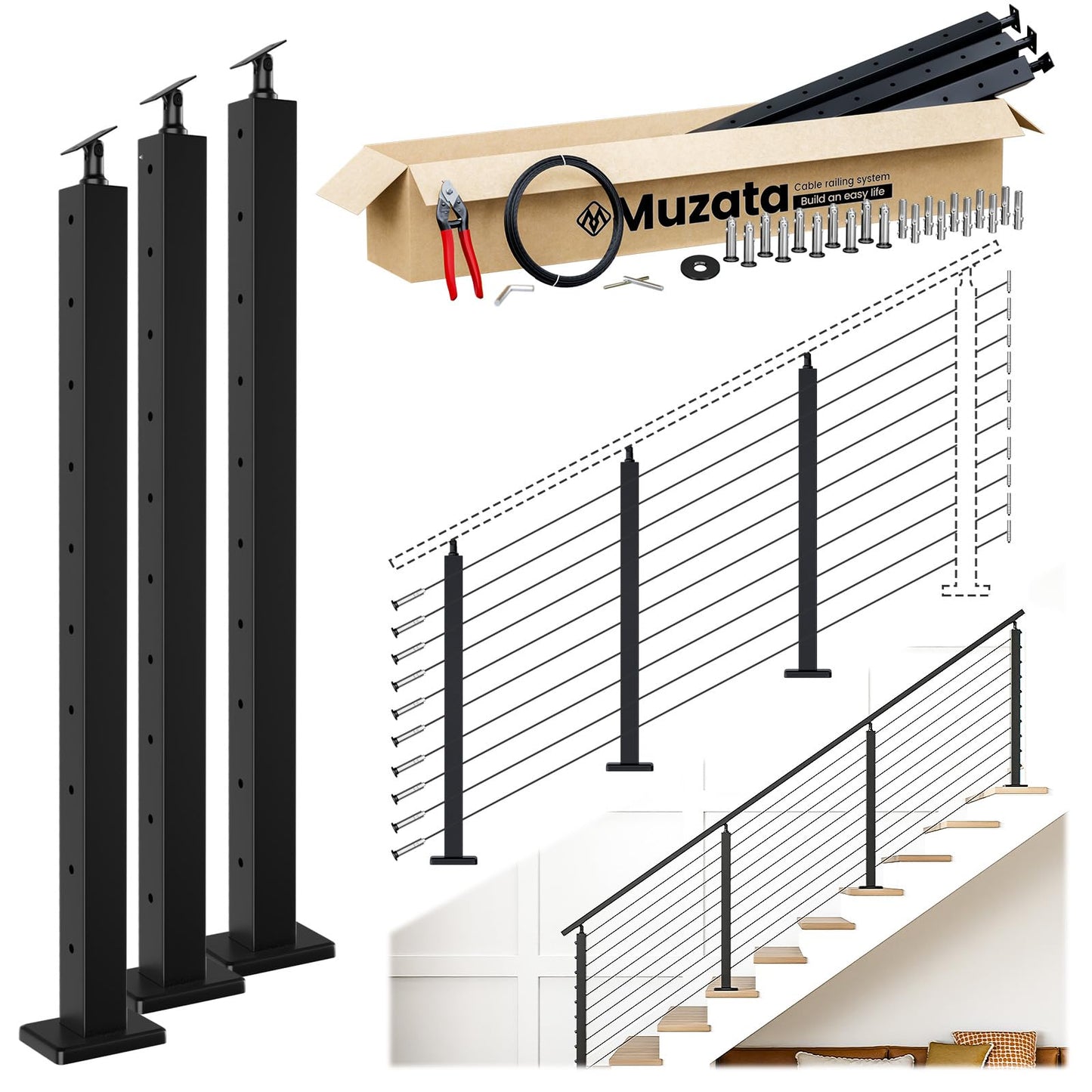 Muzata 8-12FT Modular Black Cable Railing Kit 36 Inch 3 Stair Post Kit Complete Set Cable Railing System for Stairs Length Adjustable Easy DIY with Paper User Guide (No Handrail) RW25