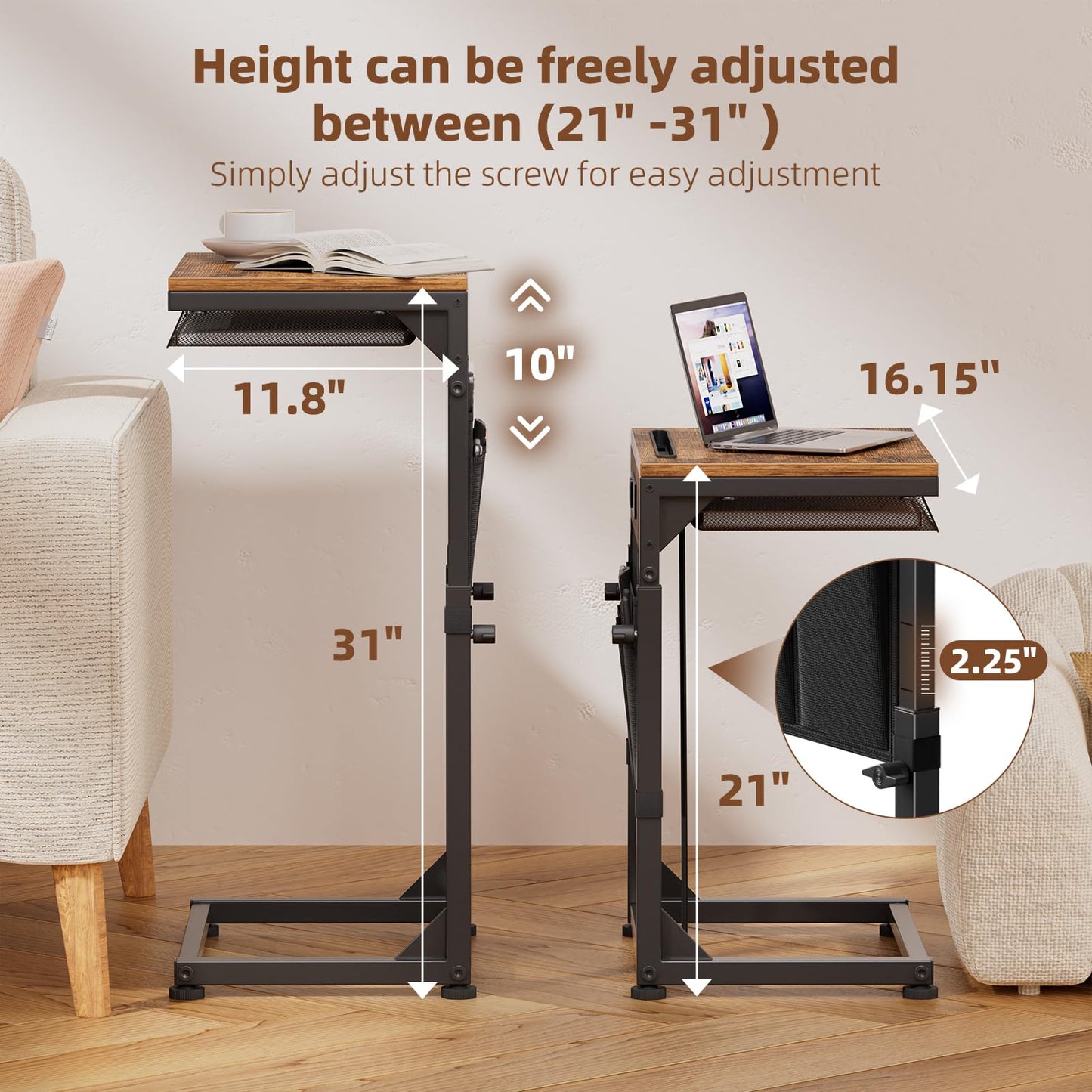 Simple Trending C Shaped End Table with Charging Station, Side Table Adjustable Height, Sofa Couch Table TV Tray with Storage Bag for Living Room, Rustic Brown