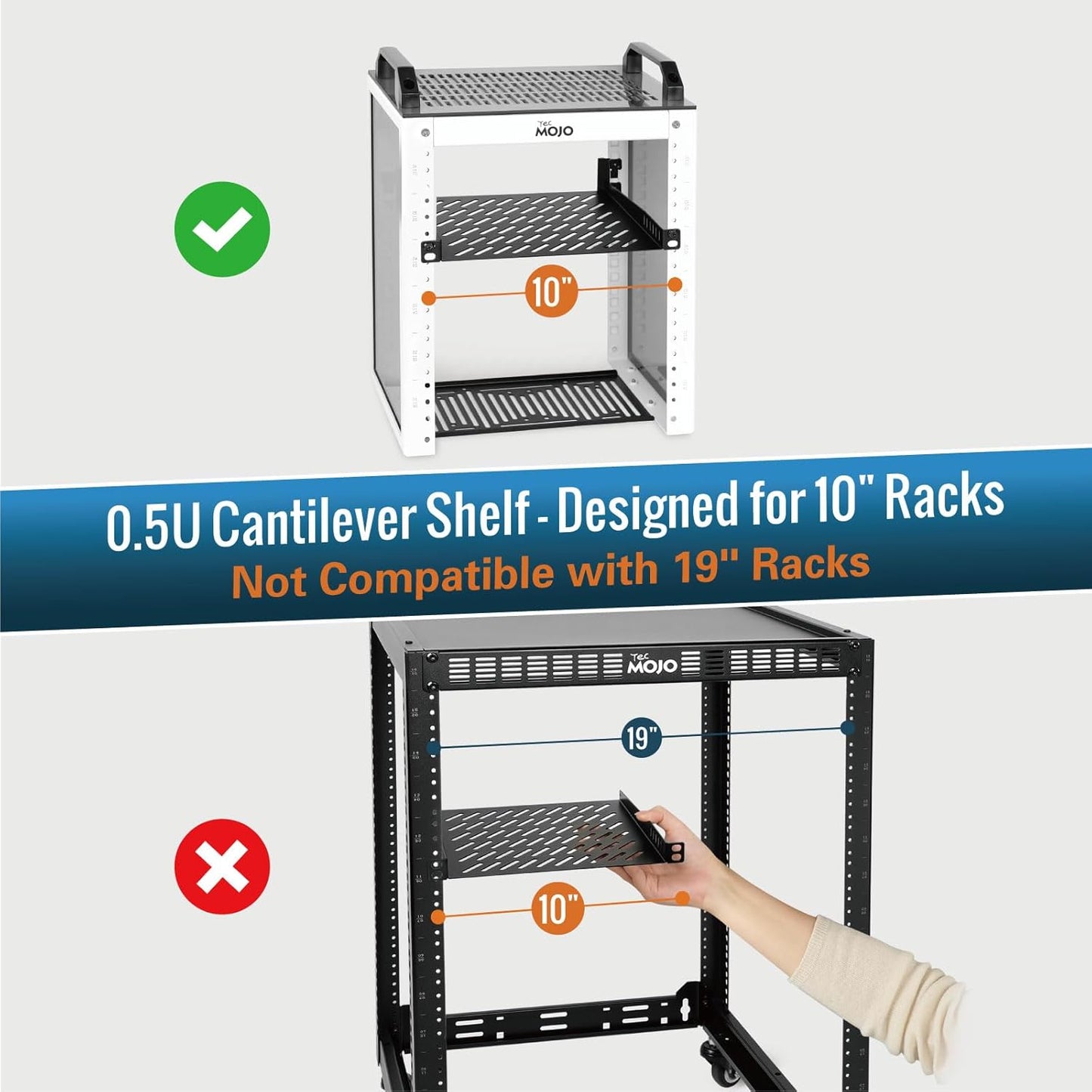 Tecmojo 2 Pack 0.5U 10" 7.87" Rack Mount Shelf for Server Rack, Deep Vented Cantilever Tray, Metal Shelf for Network