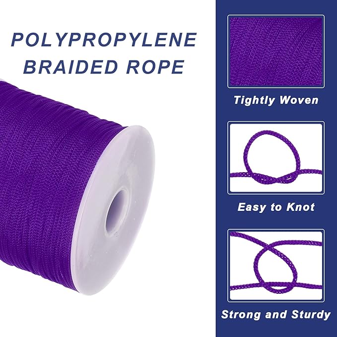 MECCANIXITY 1/16 Inch Polypropylene Rope Braided Ropes, 328ft Nylon Rope Hollow Utility Cord for Clothesline, Camping, Hiking, Outdoor, Dark Purple