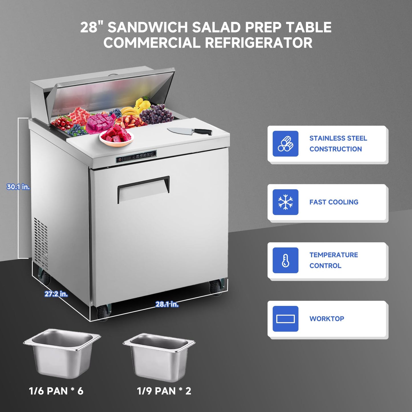 GAOMON Commercial Refrigerator, 28" Sandwich & Salad Prep Table, 7.42 Cu. Ft Stainless Steel Refrigerated Food Prep Station with 8 Pans, Cut Board, 1 Door Worktop Fridge with lock for Restaurant