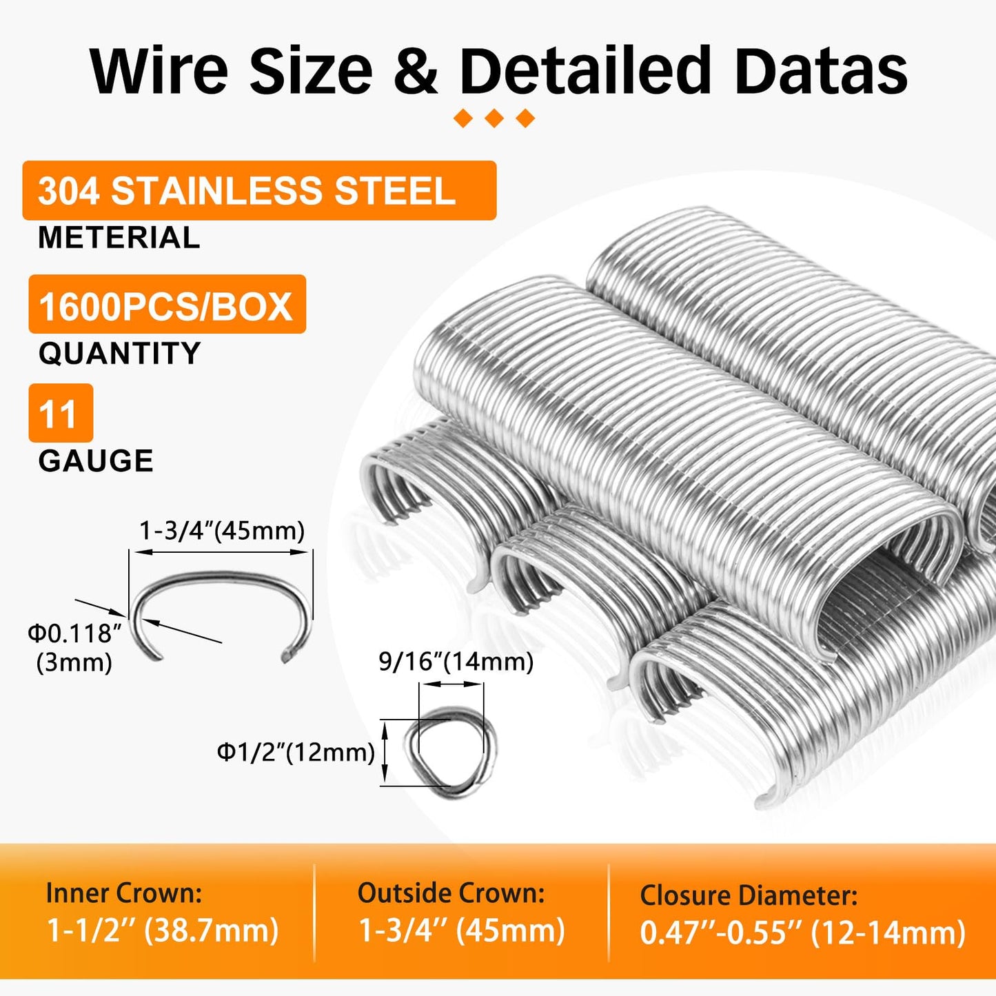 KIMSING - 11 Gauge 304 Stainless Steel Hog Ring Staples, 1-3/4" (45mm) Crown, 1600 Pcs/Box, Fasteners for C50, Heavy Duty Wire Fencing, Gabion