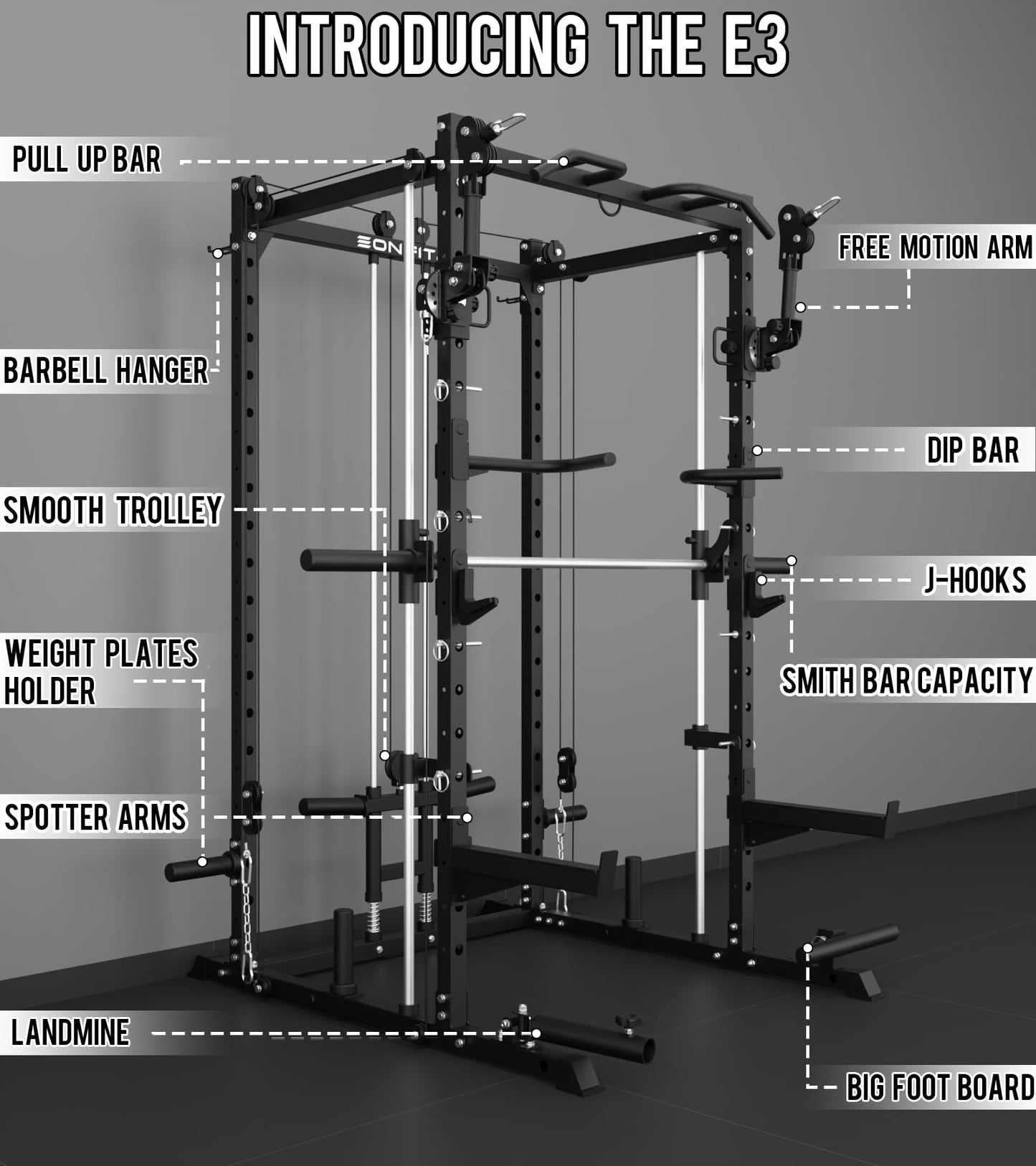 Eonfit E3 Smith Machine with 3D Rotating Arm for Home Gym Equipment, Multi-Function Power Cage Squat Rack with Cable Crossover LAT Pulldown Pulley System All in One (Black, PRO)