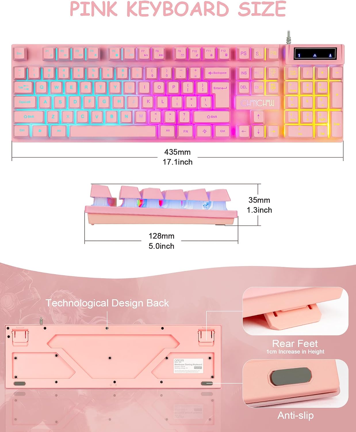 CHONCHOW 104 19 3 Light Up Cute Pink Gaming Keyboard, Keys Full Size, Number Pad, Keys Anti-Ghosting, Multimedia
