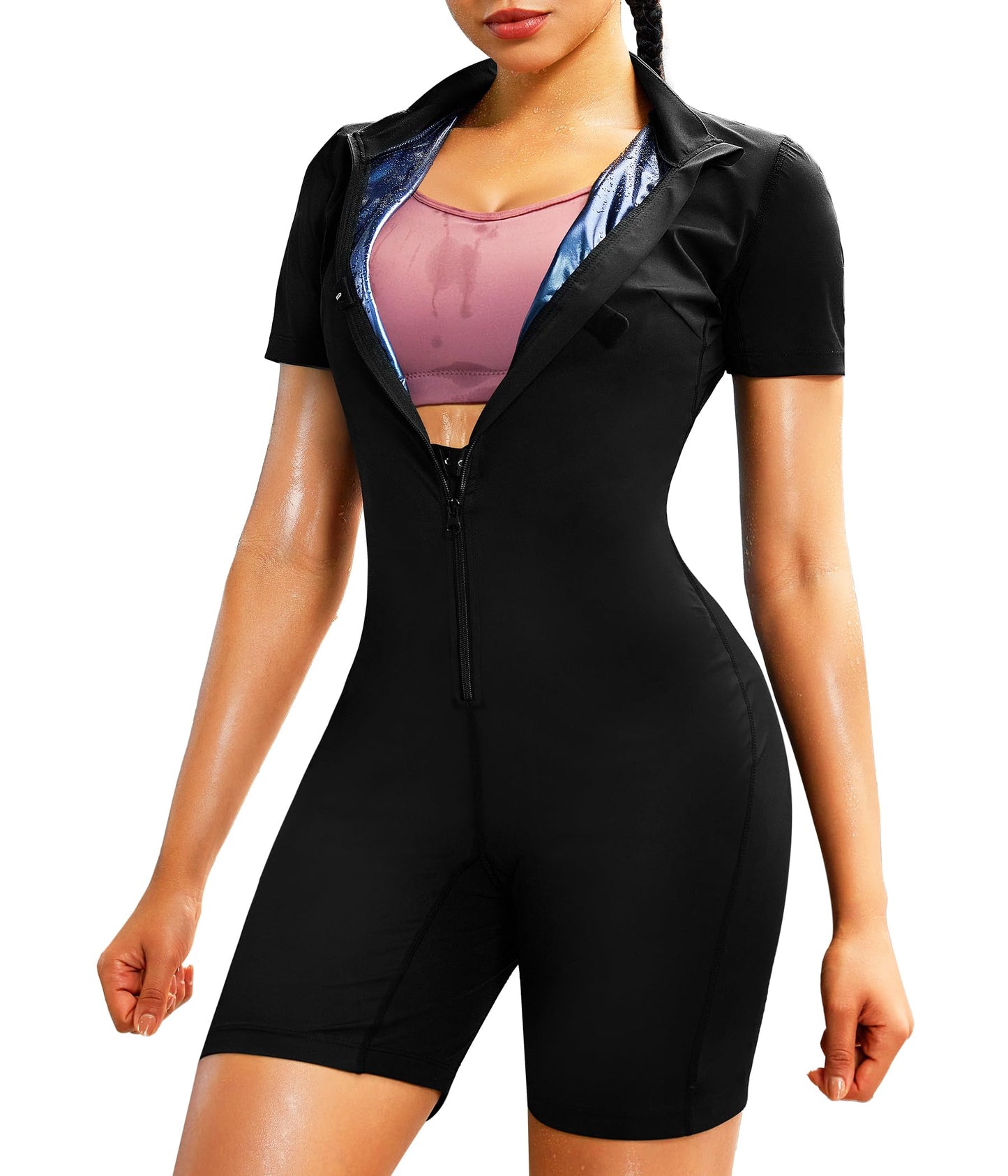 Junlan Sauna Suit for Women Full Body Jumpsuit Waist Trainers for Women Belly Fat Workout Sweat Suit(Black,X-Large)