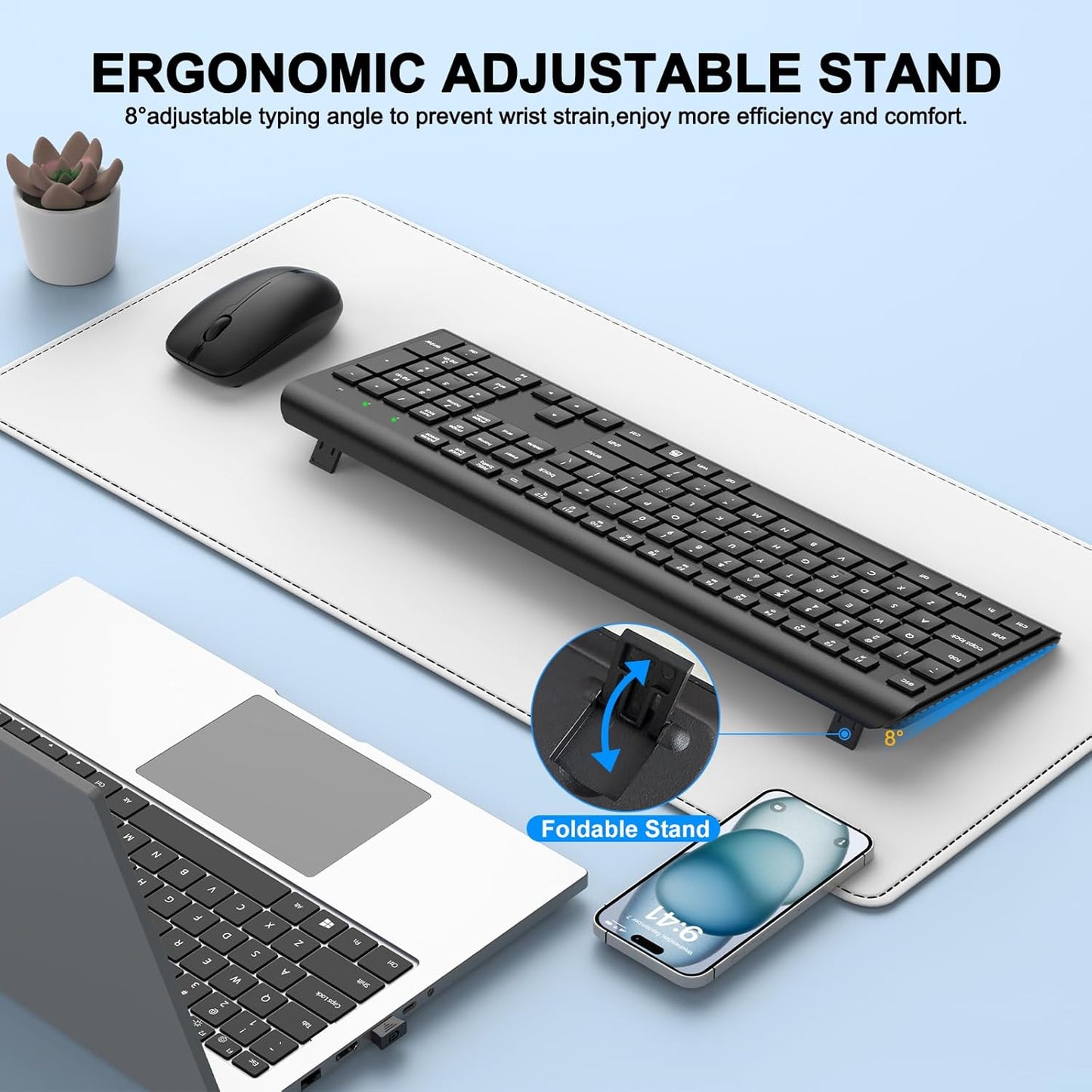 QUASIO 2.4GHz Wireless Keyboard and Mouse Combo, Full-Size Silent Ergonomic Keyboard and Optical Mouse, Long Battery