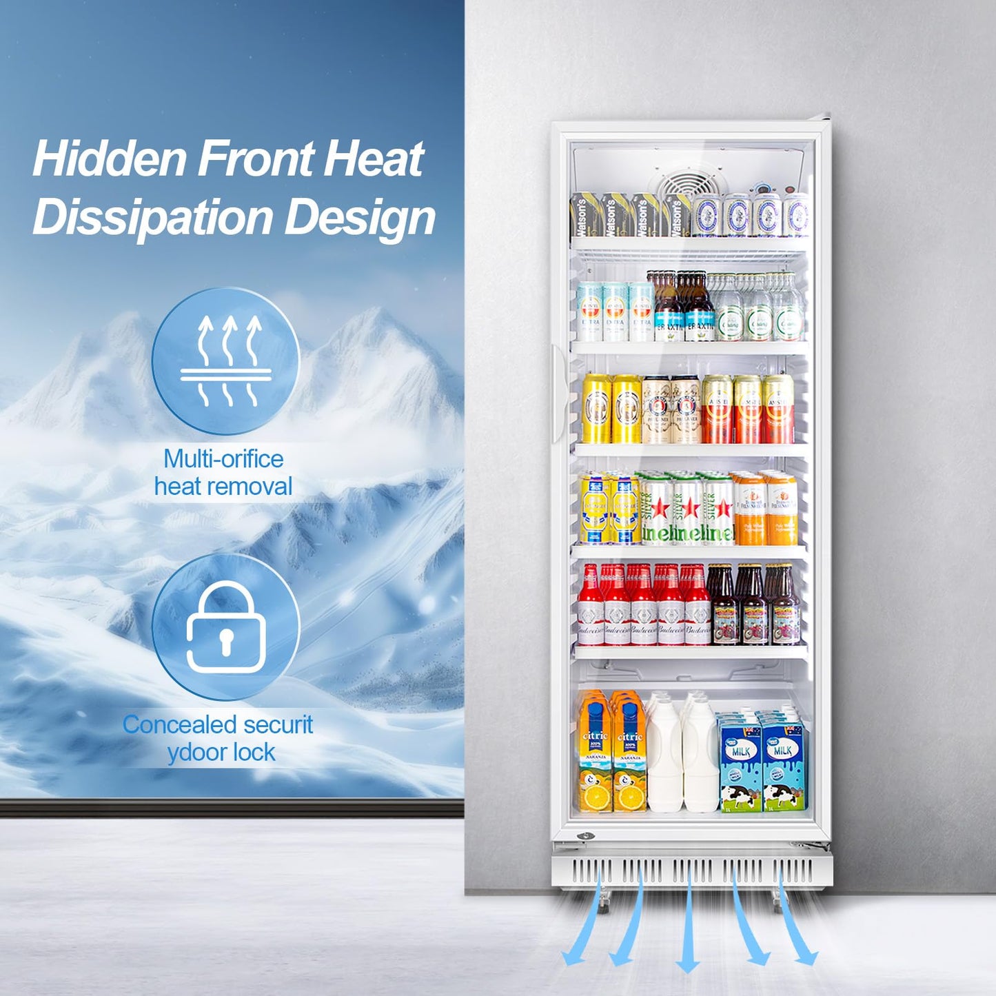 Tylza Commercial Refrigerator with Glass Door Display Beverage Fridge, 360L Upright Beverage Cooler Merchandiser with Rebound Door, Fast Cooling, Low Noise, White