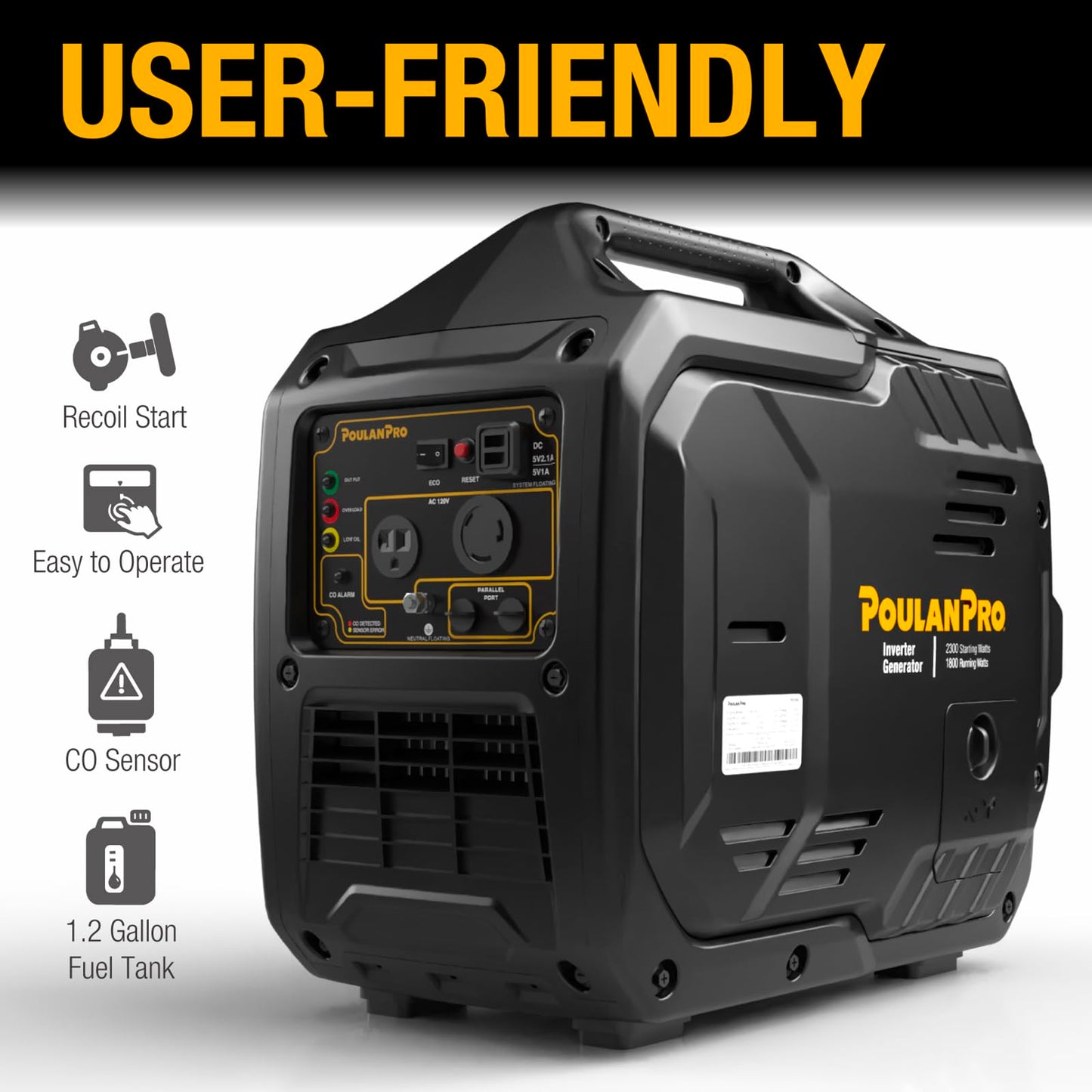 Poulan Pro 2300W Portable Inverter Generator, Quiet Gas Powered Generator for Home Backup, Camping & RV, with USB Ports, ECO Mode, Parallel Ready, CO Sensor, EPA Compliant
