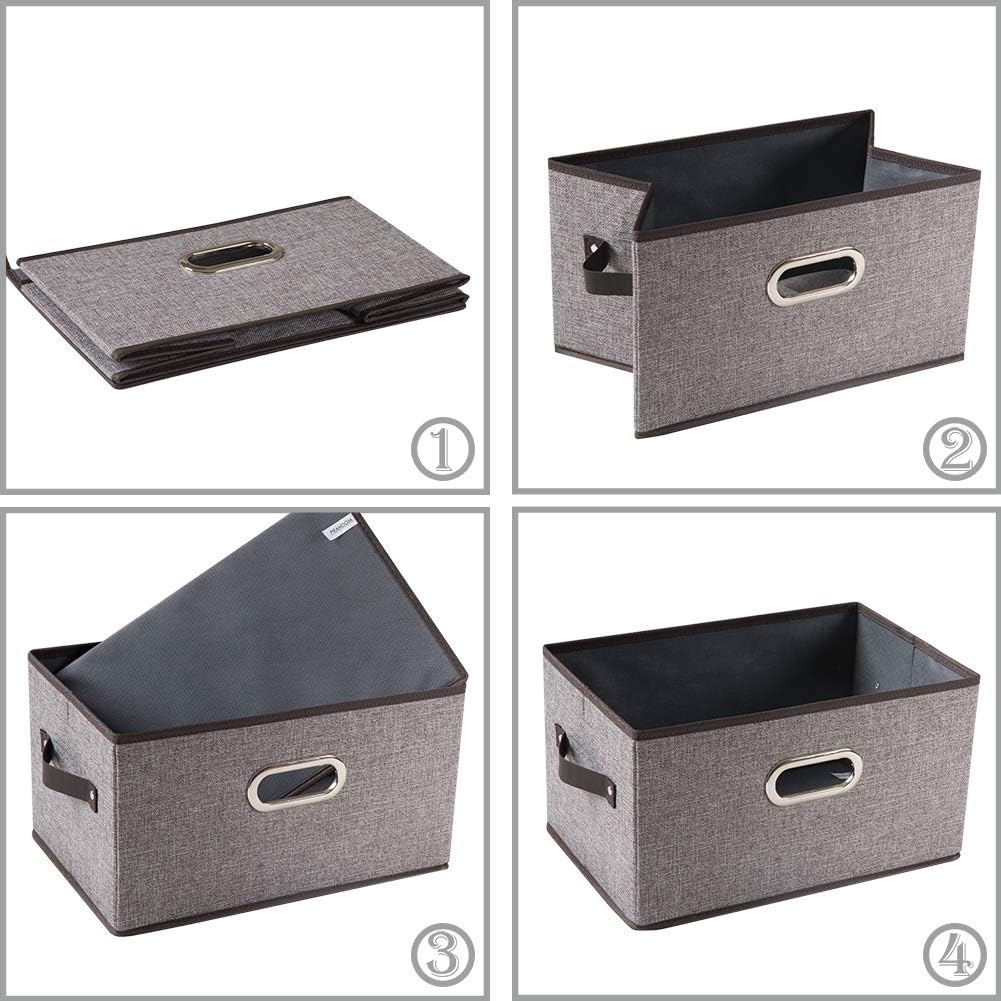 PRANDOM Large Foldable Storage Bins - Decorative Linen Fabric Baskets with Leather Handles | 3-Pack, Grey & Black Trim (14.9x9.8x8.3 Inch)
