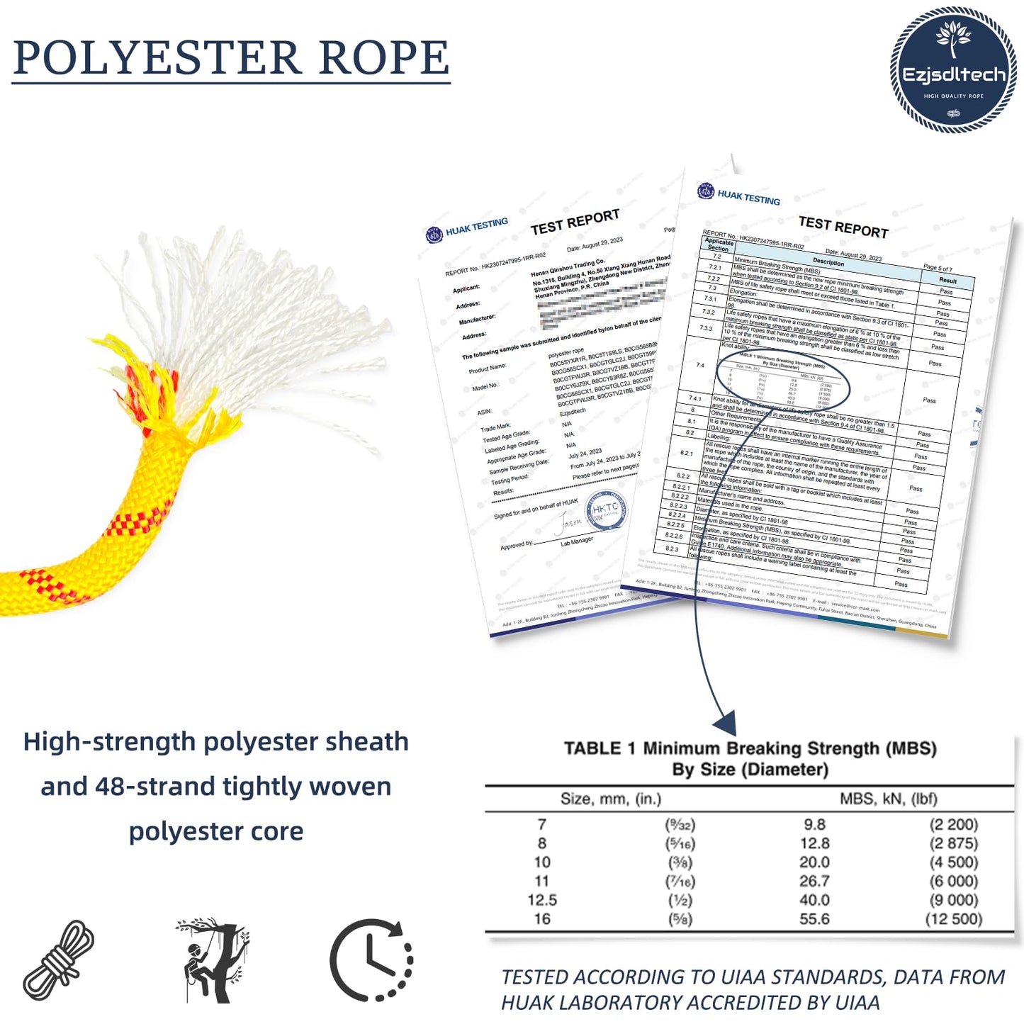 Ezjsdltech 1/2 in x 50 ft Polyester Arborist Rigging Rope, Yellow Braided Tree Climbing Rope 48 Strands for Farm Work and Swinging
