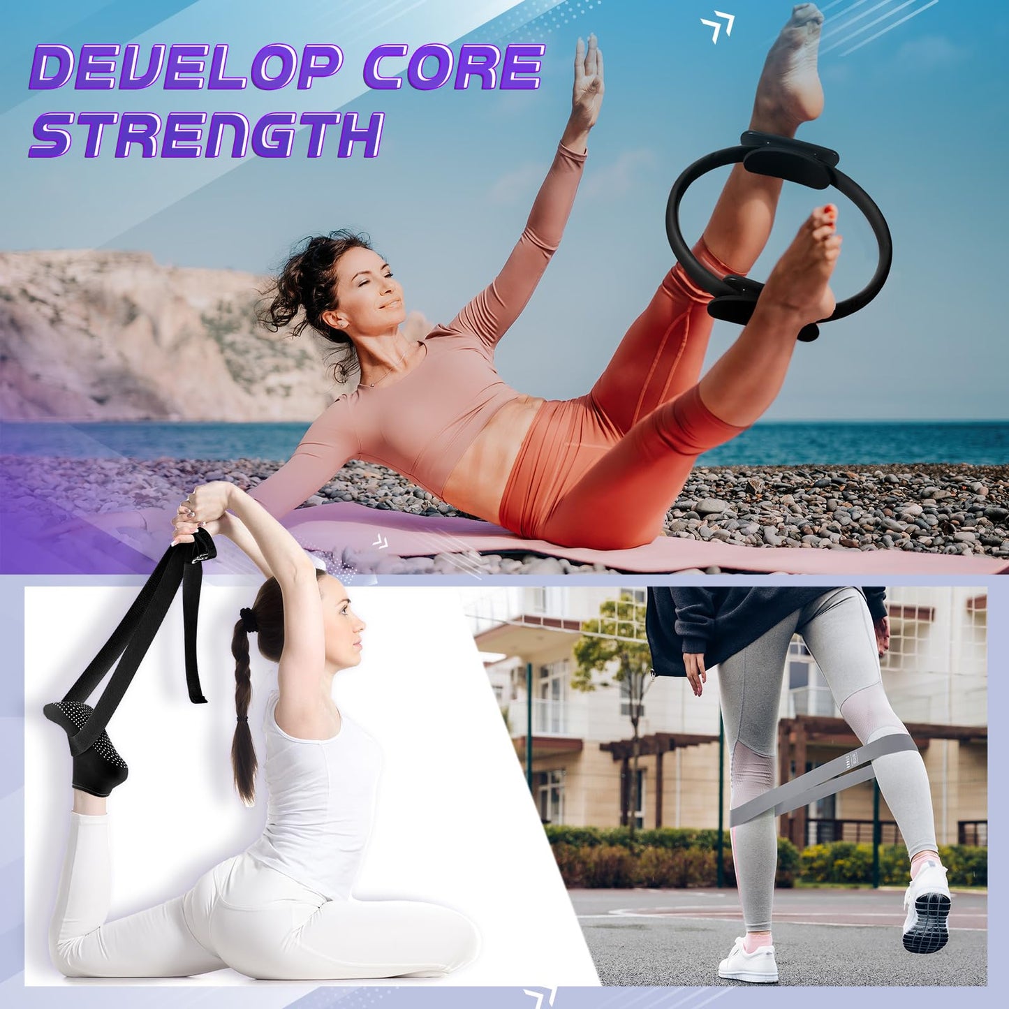 Poen 18 Pcs Home Pilates Ball and Ring Circle Set Yoga Fitness Essentials Kit with 5 Resistance Band Stretching Strap Non Slip Sock Ball Core Slider Wristband Headband Gym Bag for Women, Black