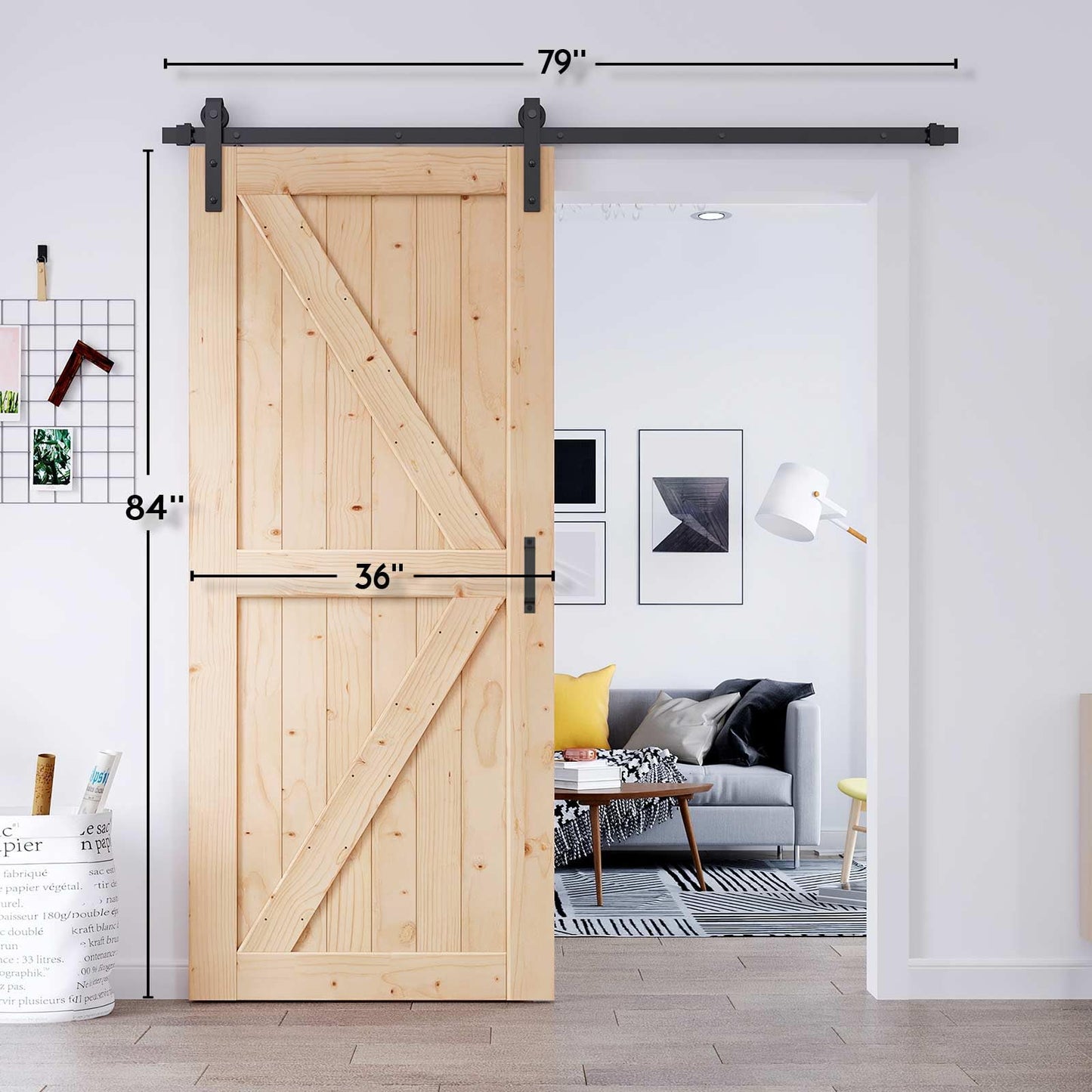 EaseLife 36in x 84in Sliding Barn Door with 6.6FT Barn Door Hardware Kit & Handle Included,Solid Spruce Wood Door,Assemblely Required,Stainable, K-Frame
