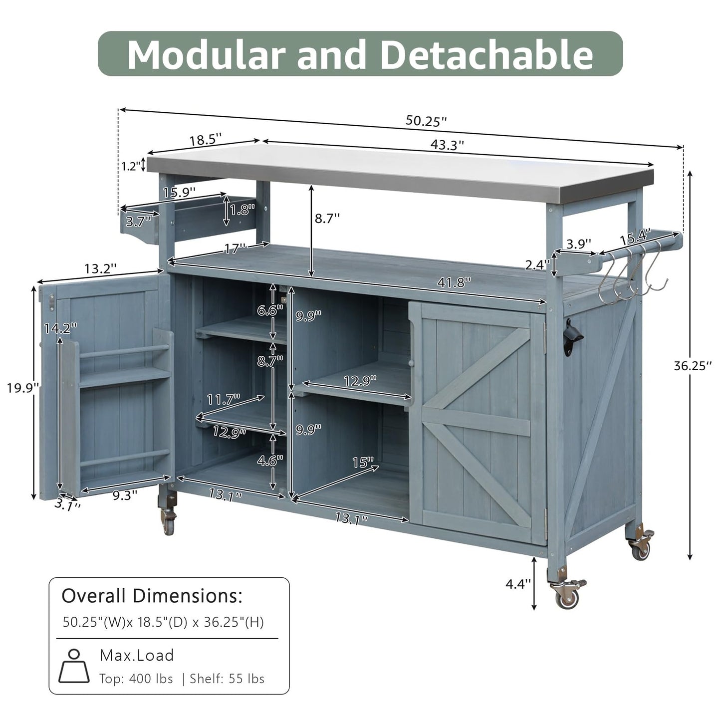 50.25" Outdoor Kitchen Island with Wheels for Food Prep, Strage, Bar, Rolling Outdoor Grill Table for Outside, Outside Cooking Table, Grill Carts, Cooking Station, Modular, Solid Wood, Grey Blue