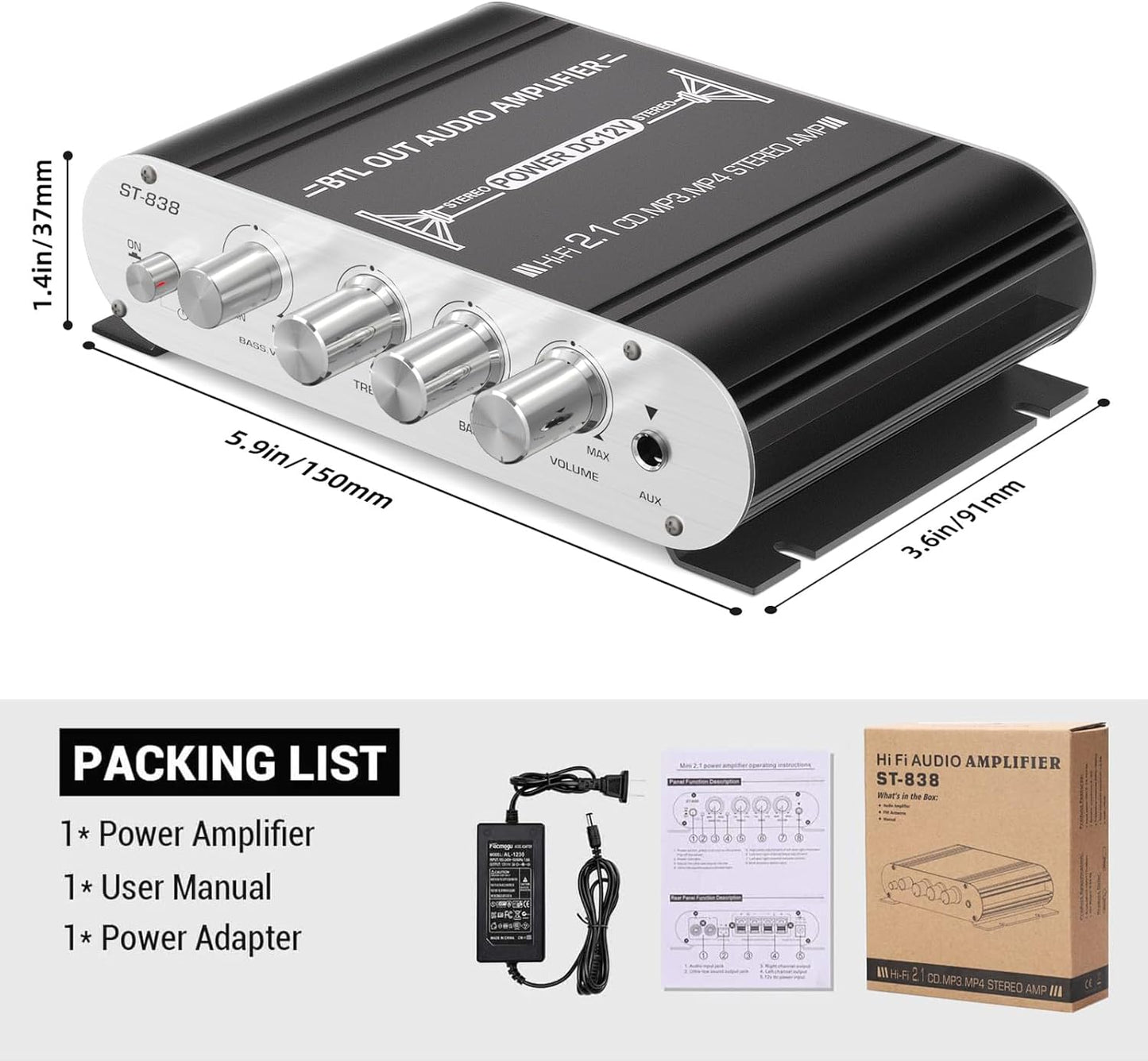 Facmogu ST-838 2.1 20Wx2+40W 80W Channel HiFi Stereo Subwoofer Amplifier, RMS Mini Digital Audio Power Amplifier