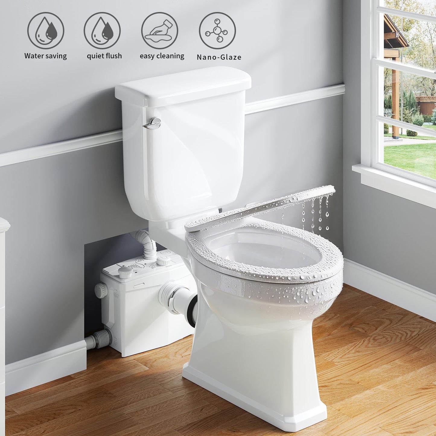 800Pro Macerating Toilet with Pump–Upflush Toilet System for Basement/Attic, 4 Water Inlets & AC Vent, 36ft Vertical Lift, Dual Flush, Easy Install,17.7" Elongated Toilet