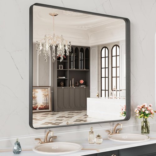 LOAAO Black Metal Framed Bathroom Mirror - 28x32 Inch, Matte Black, Anti-Rust, Versatile Hanging Options