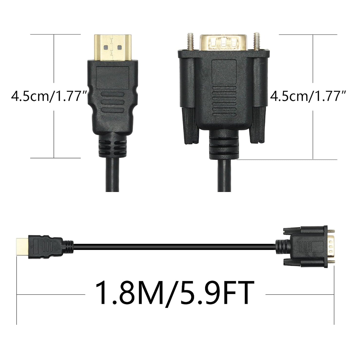 5.9FT, 1080P HDMI to VGA Adapter Cable Gold-Plated HDMI Male to VGA Male High-Definition Video Converter, Used