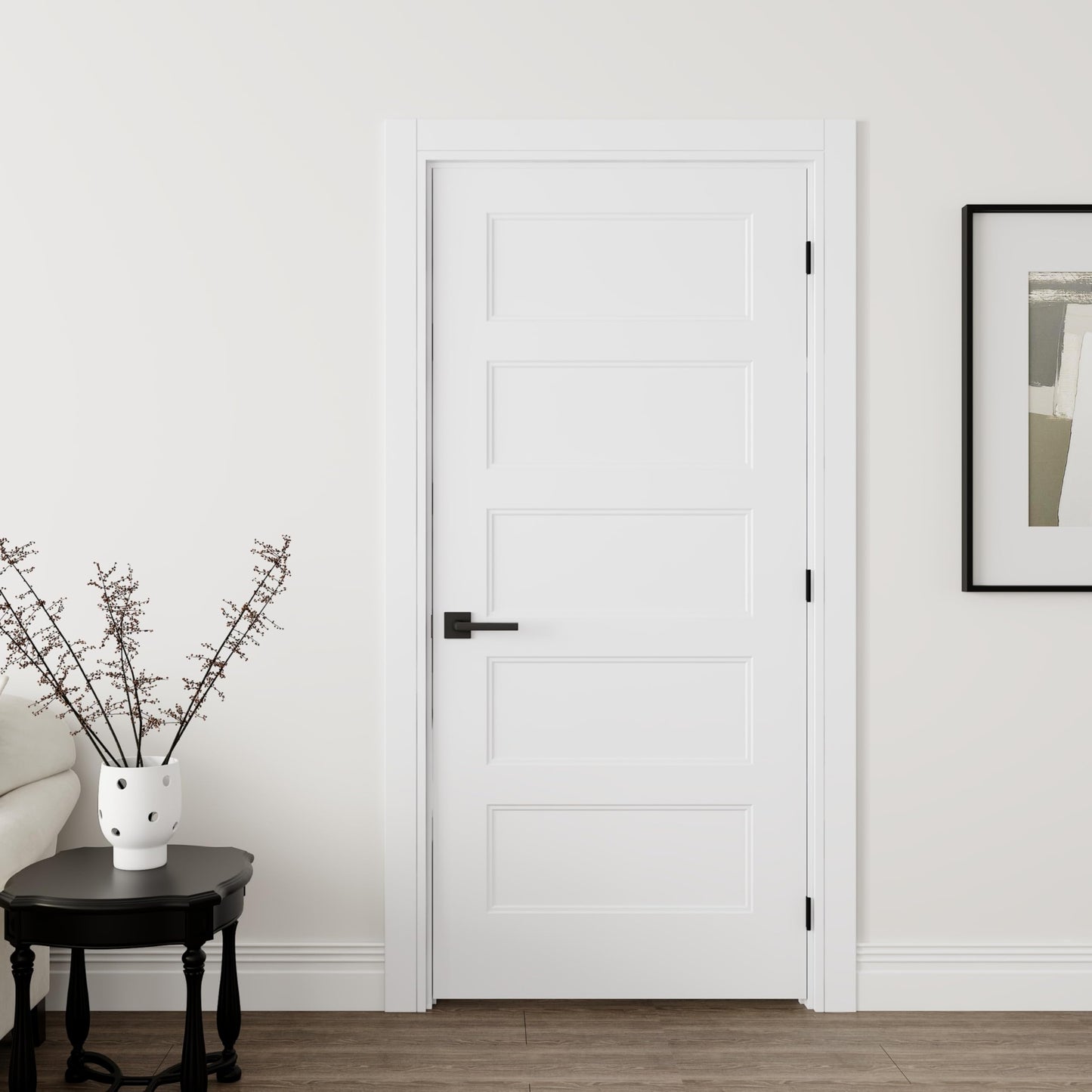 JUBEST 36"x80" Left-Hand Prehung Interior Door with Knock Down Jamb Kit & Matte Black Hinges, 5-Panel White Primed Hollow Core Molded Door Slab with Bore & Hinge Cutout, Durable & Sturdy, No Handle