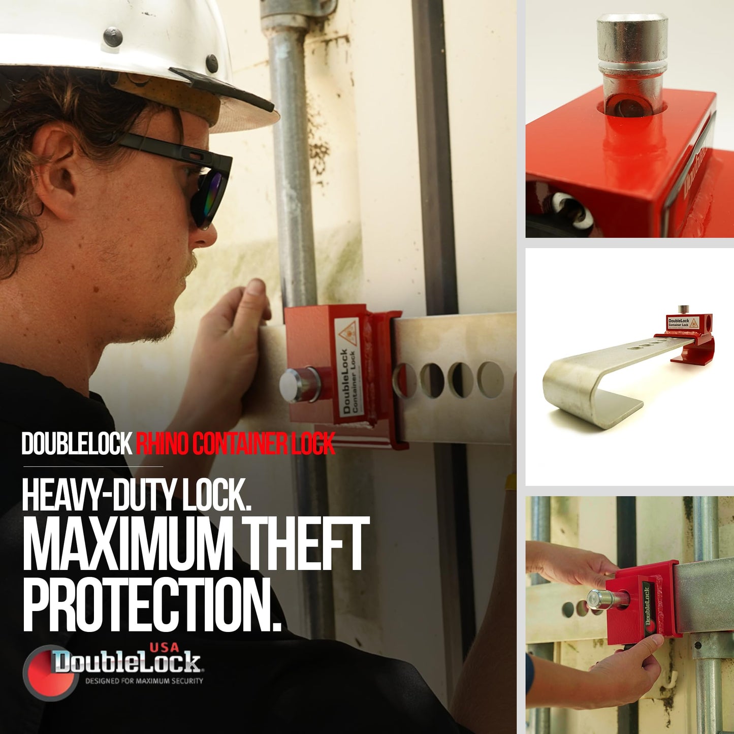 DoubleLock Rhino Ultra-Duty Container Security –(Expandable) High-Visibility Red Anti-Theft Device for Trailers, Storage Units, and Trailers. Cargo, Freight, Fence, Storage Lock.
