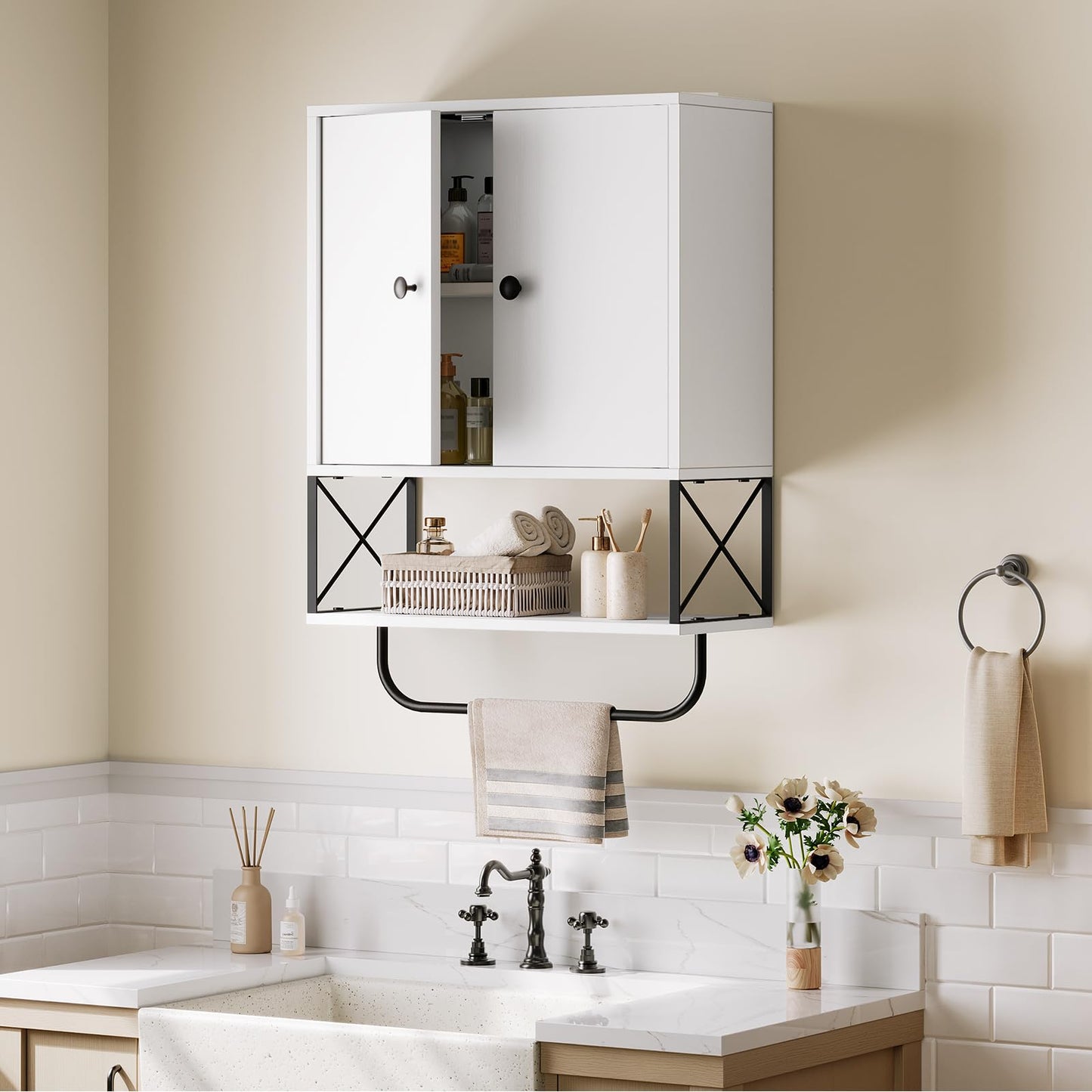 MAHANCRIS Bathroom Wall Cabinet with 2 Door and Adjustable Shelf, Farmhouse Medicine Cabinet with Towel Rack, 3-Tier Wall Mounted Storage Cabinet Over The Toilet for Bathroom, 18.9" L, White