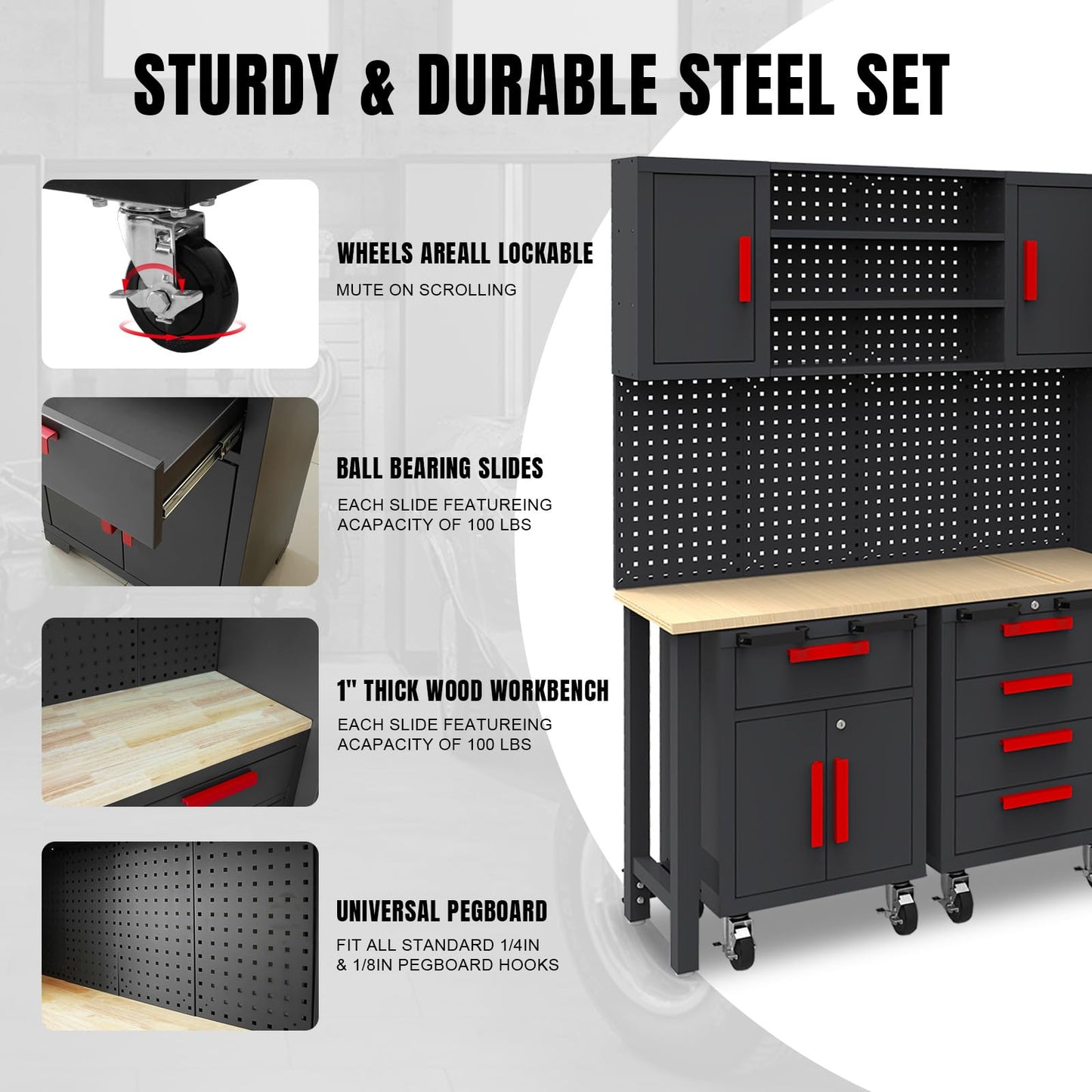 TCE 6 Piece Garage Cabinets Storage System: Includes Steel Cabinets, Drawers, Rolling Chest and Pegboard, Garage Workbench with Storage - Perfect for Organizing Garage and Tools, Black