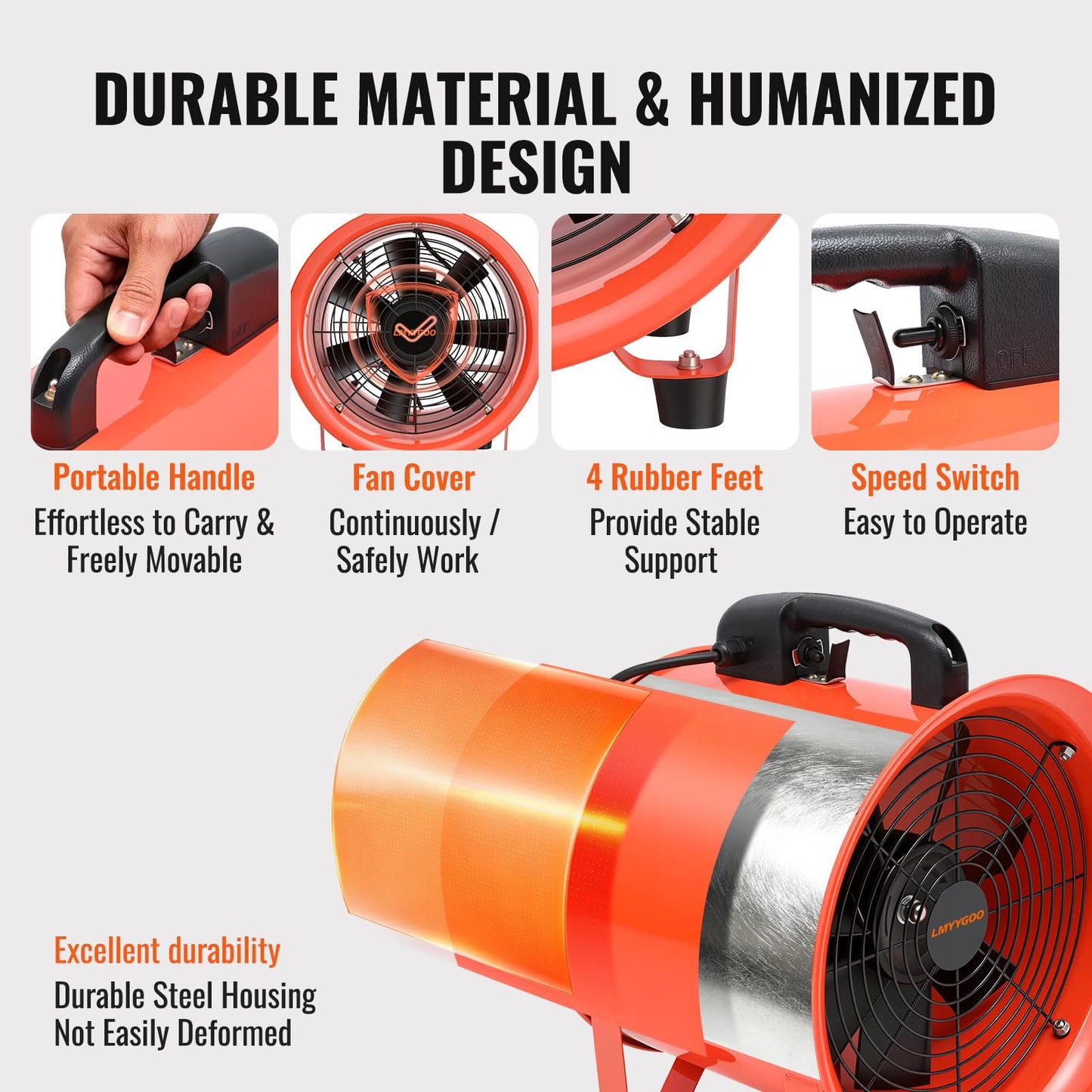 LMYYGOO 12-Inch Industrial Air Mover Blower Fan, with 33ft Duct Hose, 440W High Velocity Portable Fan for Extraction & Ventilation, Industrial, Paint Booth, Basements, Workshops, Warehouses