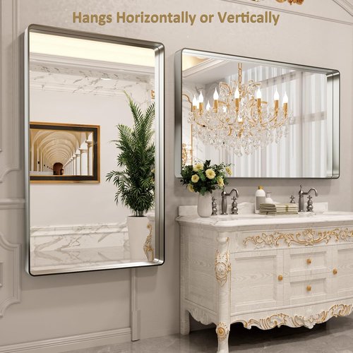 LOAAO Brushed Nickel Bathroom Mirror - 60x30 Inch Rounded Rectangle Design | Anti-Rust, Shatter-Proof, Versatile Hanging Options