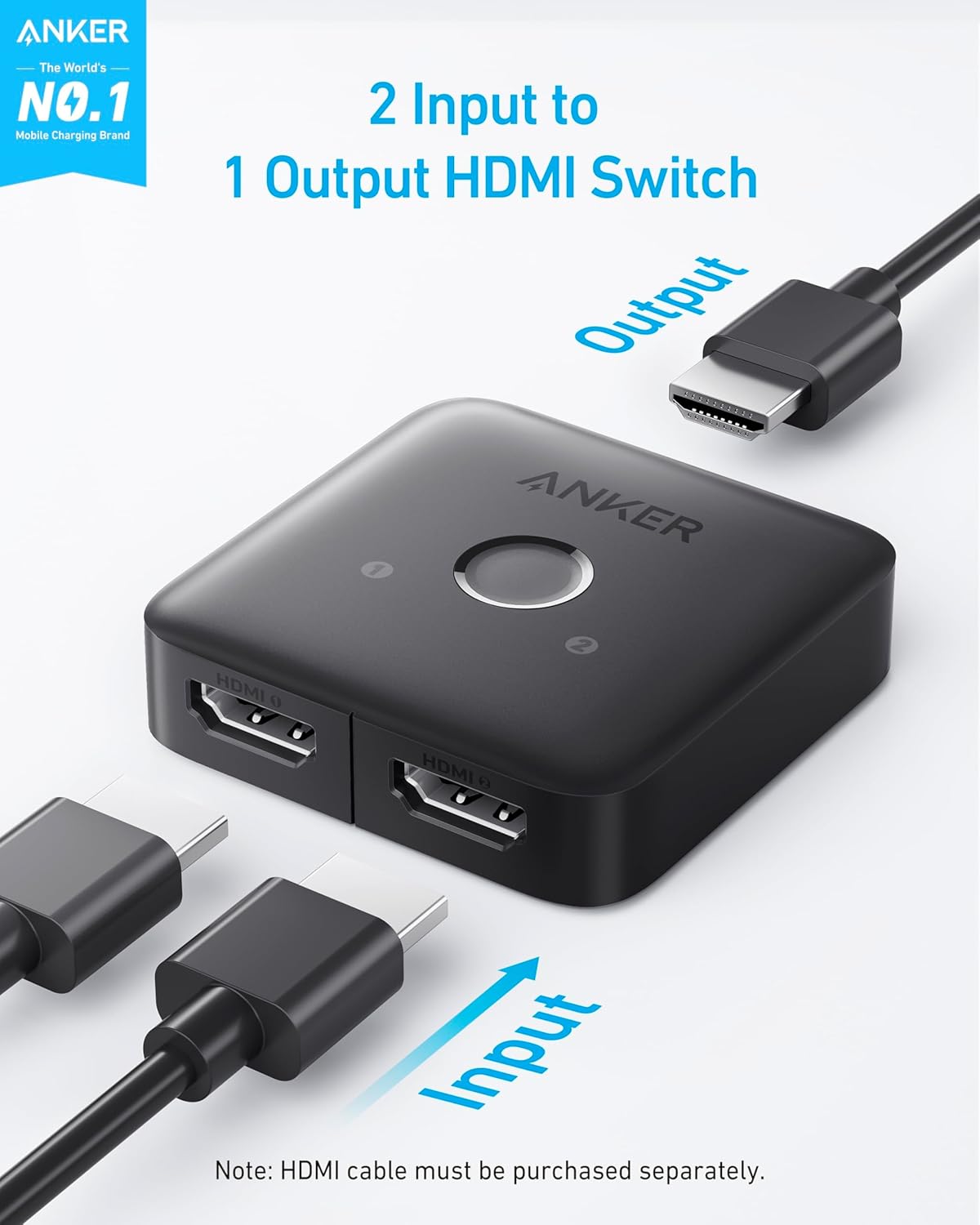 Anker 4K@60Hz 2 1 3D, Dolby, PS5 PS4, HDMI Switch, HDMI Switcher, in Out with Smooth Finish, Supports HDR, Compatible