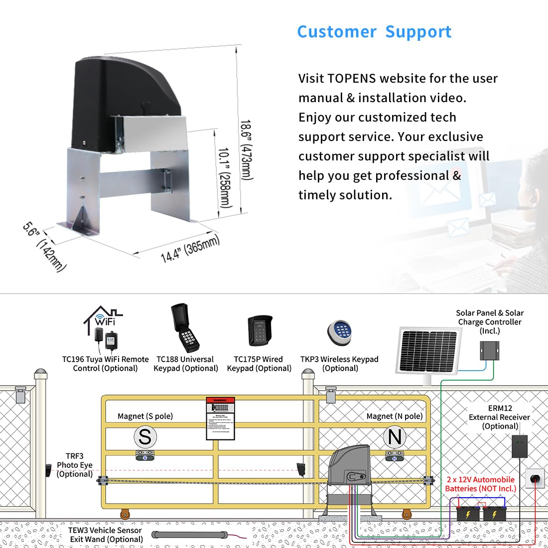TOPENS DKC500S Solar Sliding Gate Opener Chain Drive Automatic Gate Motor for Heavy Driveway Slide Gates Up to 1300 Pounds, Electric Gate Operator Battery Powered with Solar Panel Remote Control Kit