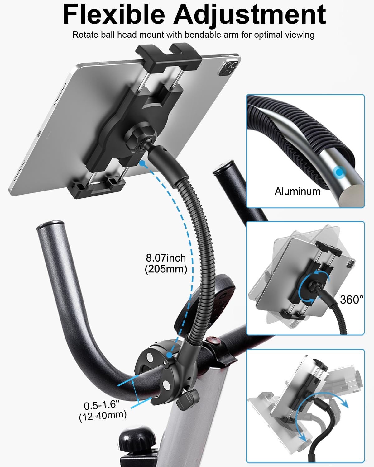 woleyi Gooseneck Treadmill Tablet Holder, Exercise Bike Handlebar Clamp for Spin Bike Peloton, Indoor Stationary Bicycle, Elliptical, Stroller for 4.7-13" iPad Pro Air Mini, Phone, Galaxy, Fire, Ebook