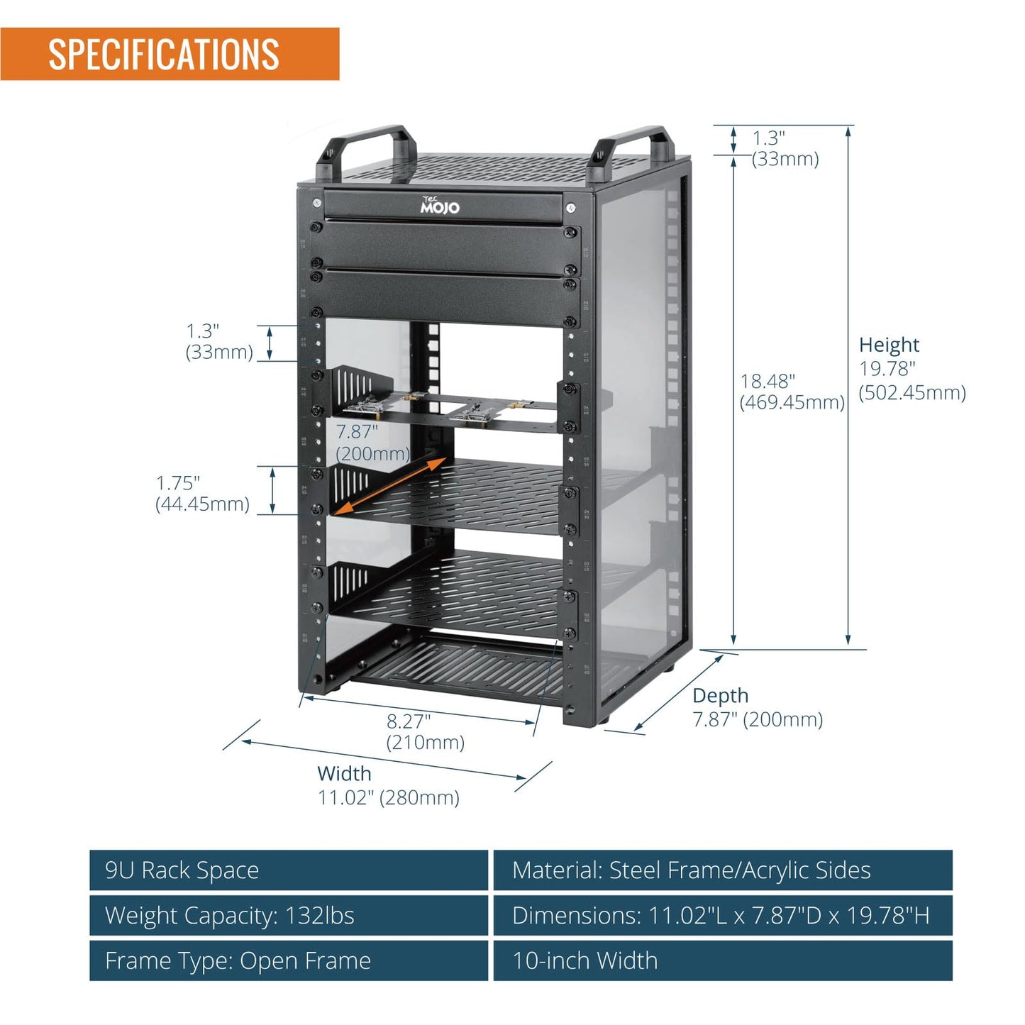 Tecmojo 9U Network Rack, 10 inch Mini Server Rack with 2 Side Translucent Panels & 2 Top Handles, 7.87 inch Deep, for 10 inch IT Equipment & A/V Devices, Black