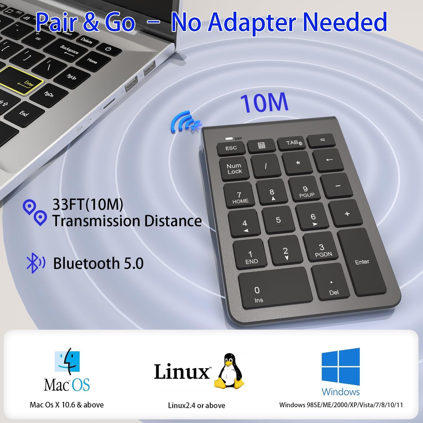 Rytaki Pro 22 33ft Bluetooth Number Pad, Wireless Numeric Keypad with Keys - Portable Numpad