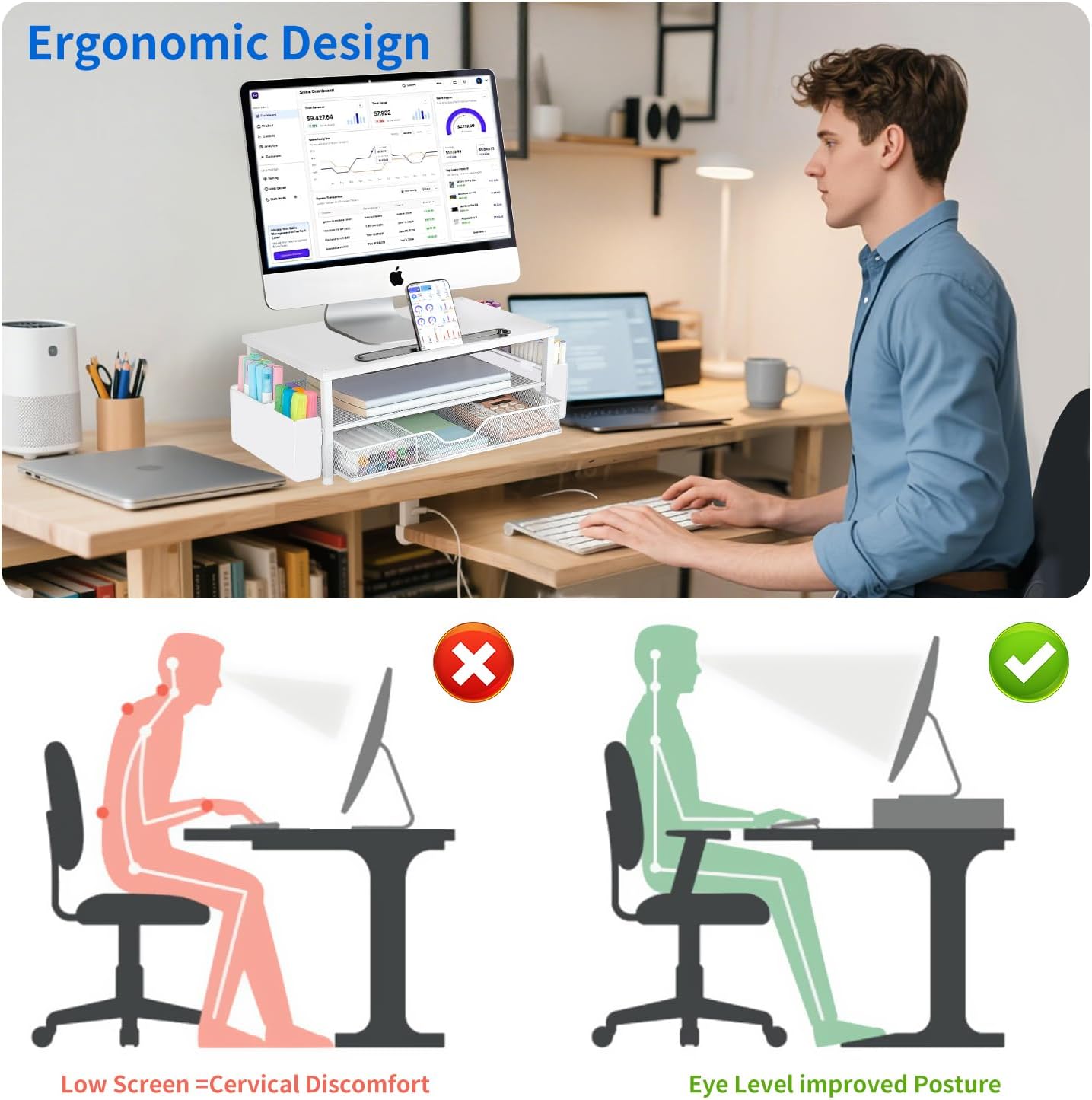 2-Tier AUPSEN White Monitor Stand Riser, Wood Computer Desk Organizer with Drawer, Pen Storage & Phone Holder, Office