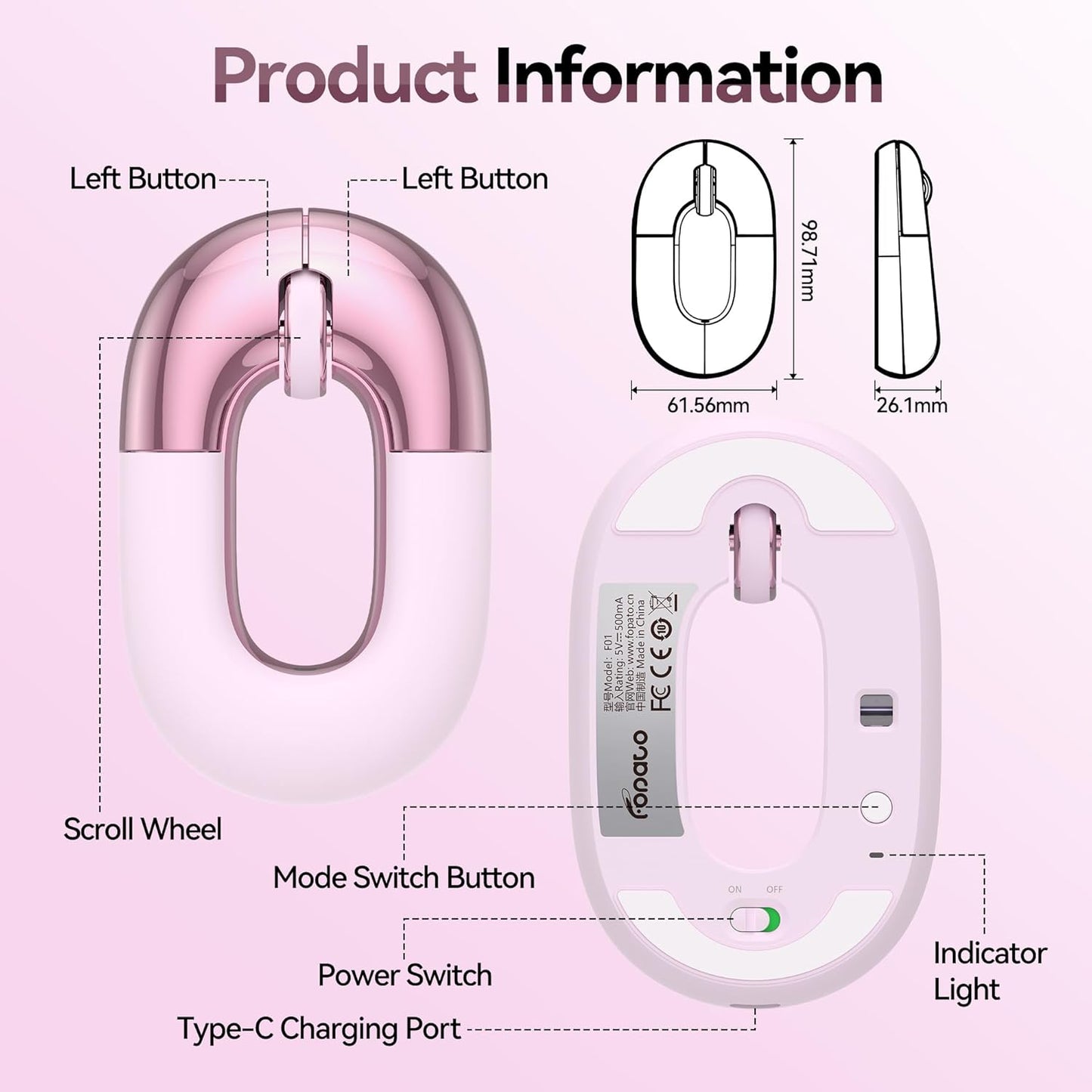 FOPATO 2.4G, 1200 Travel Mouse, Pink Wireless Mouse, Dual Mode Bluetooth & Rechargeable Silent Portable Mouse, Cute