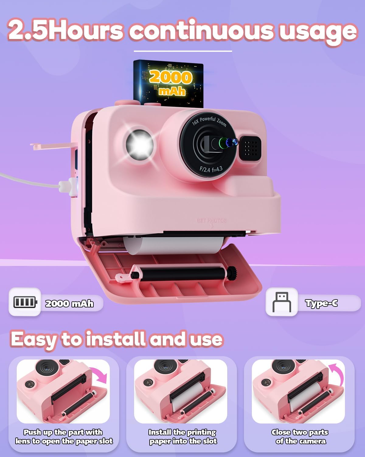 Dylanto Print,1080P 3-12,Portable 3 4 5 6 7 8 9 10 Kids Camera Instant Kids Instant Cameras that Print Photos,Christmas