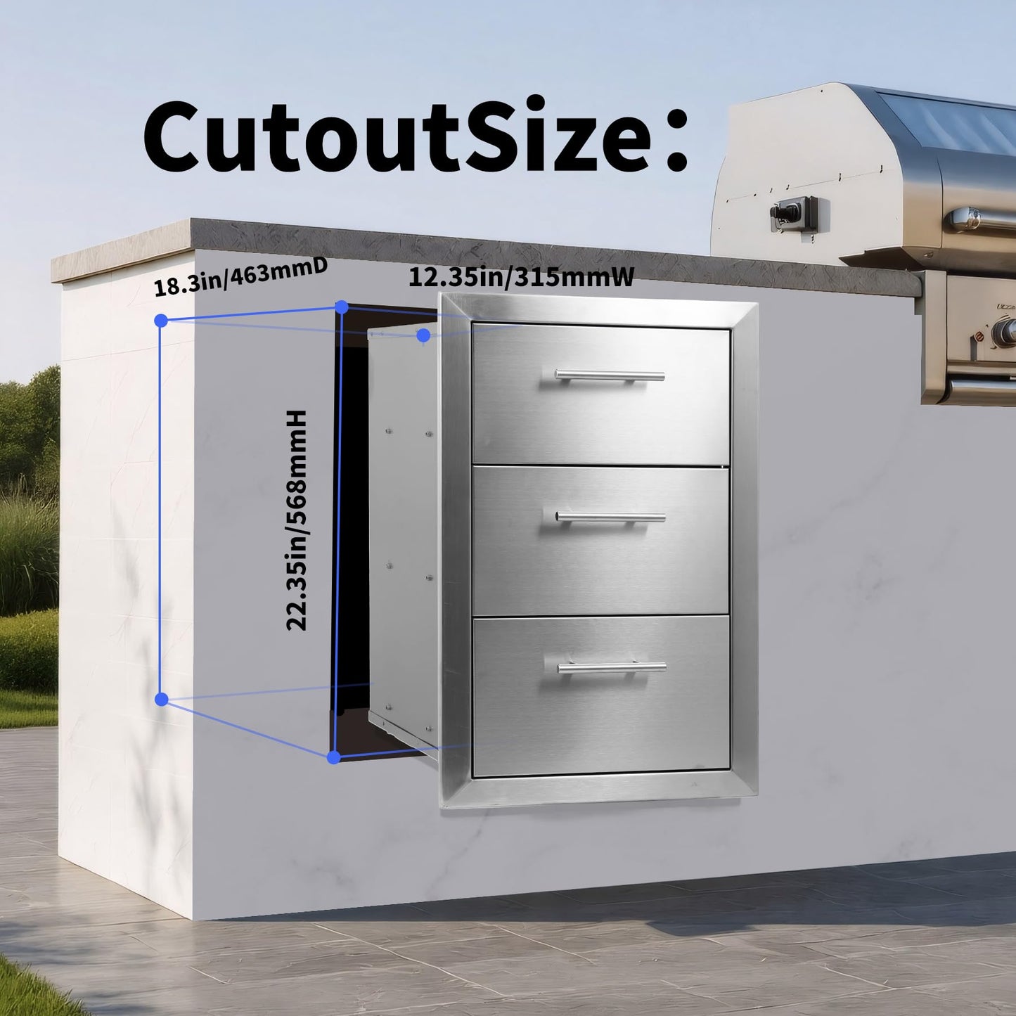 Cxforste Outdoor Kitchen Drawers with Triple-Access & Handles ，18" W x 23" H x 23" D Stainless Steel Flush Mount Modular Cabinet for BBQ Islands & Patios
