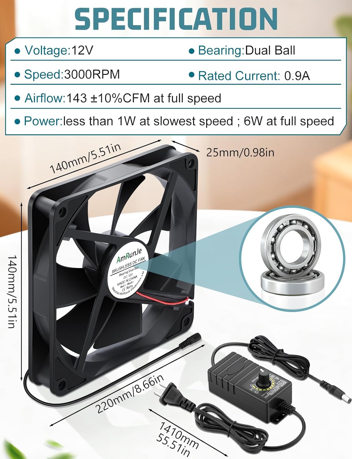 140mm 25mm 12v 110v 240v PS5 x Computer Fan with AC Plug dc Variable Speed Dual Ball Bearing for Cooling PlayStation