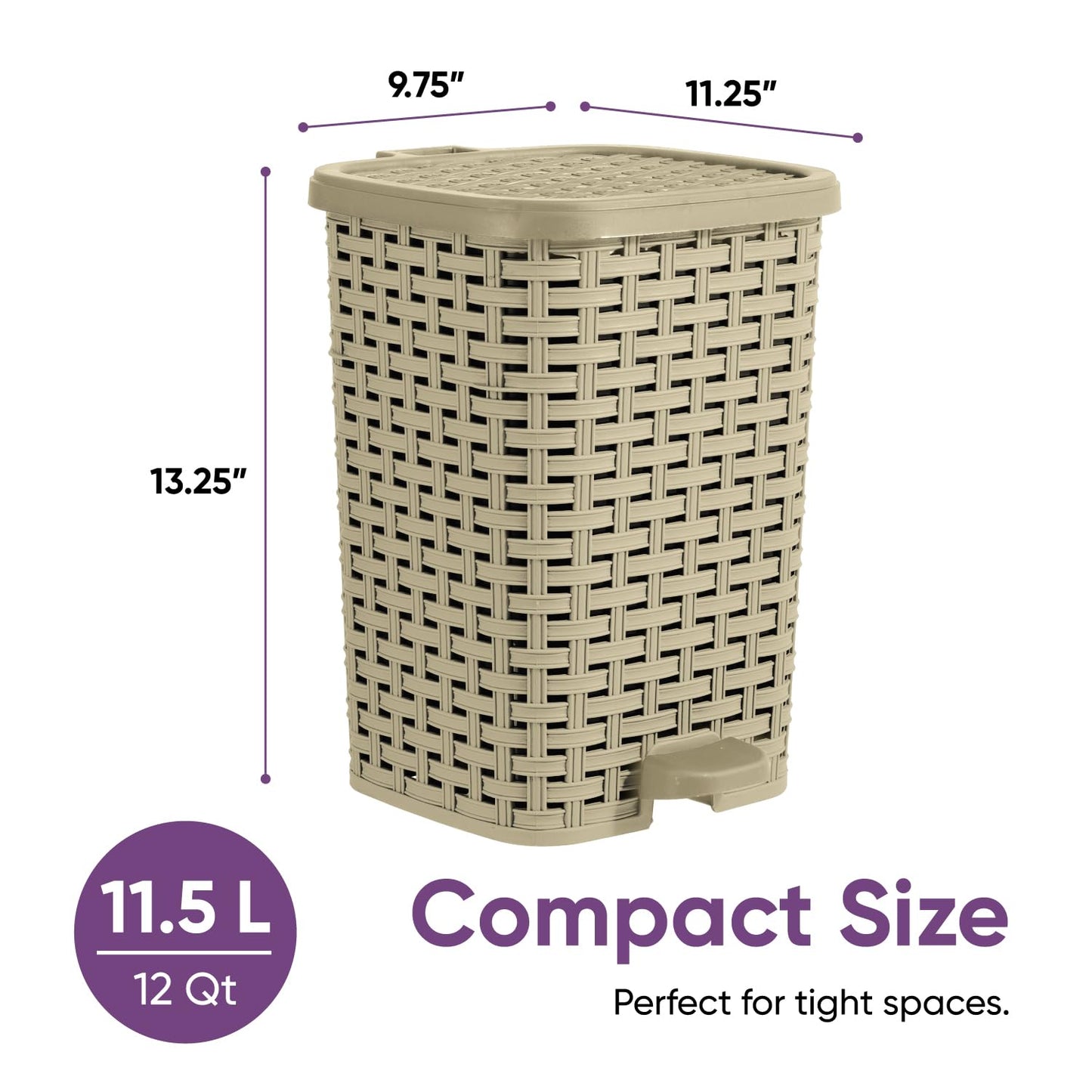 Superio Mini Trash Can with Foot Pedal Small Outdoor Garbage Can with Lid, 3 Gallon Plastic Waste Basket for Bathroom, Bedroom, Kitchen, Office, Patio (Wicker Beige 12 QT.)