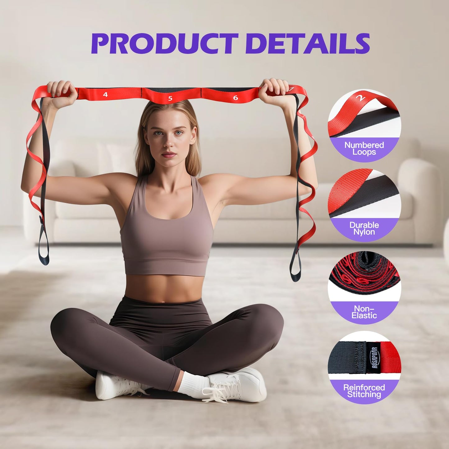 Non Elastic Stretching Strap with Loops - Yoga Straps for Physical Therapy, Durable Stretch Bands for Exercise, Flexibility Training, Hamstring & Leg Stretcher, Yoga/Pilates/Gymnastics - Red
