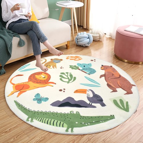 Lacomfy Kids Play Mat Jungle Rug Circle Animal Carpet 4Ft Round Zoo Bedroom Area Rug for Boys Girls Nursery Decor Soft Playroom Throw Rug Floor Mat Kids Room Bedroom