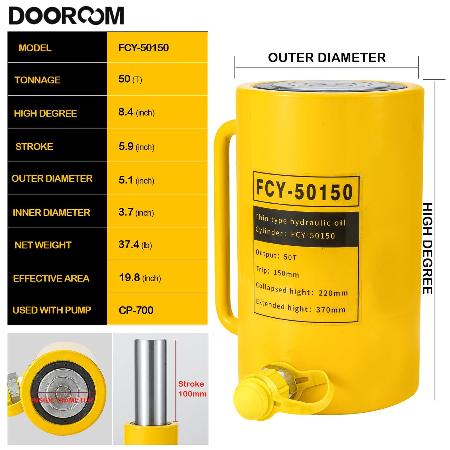 DOOROOM 50T 6Inch Stroke Porta Power Single Acting Lifting Cylinder for Shipbuilding, Machinery and Industry,Automatically Retract Split Hydraulic Cylinders Tools, Yellow