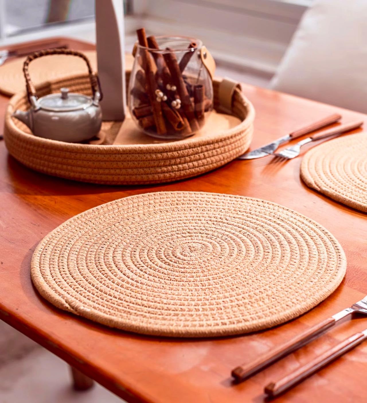 Art PineCone's Woven Cotton Rope Round Placemats Set of 4 with Holder Included, Non-Slip, and Heat Resistant Shabby Chic Placemats (Caramel, 13 inch Plus Coaster)