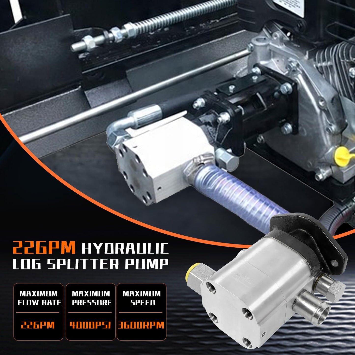 PumpShark Hydraulic Wood Log Splitter Pump Kit, 22 GPM, 2 Stage, 4000 PSI, Aluminum Gear Pump, 3600 RPM, with Directional Control Valve, Coupling, Installation Base, 3/4" NPT Outlet